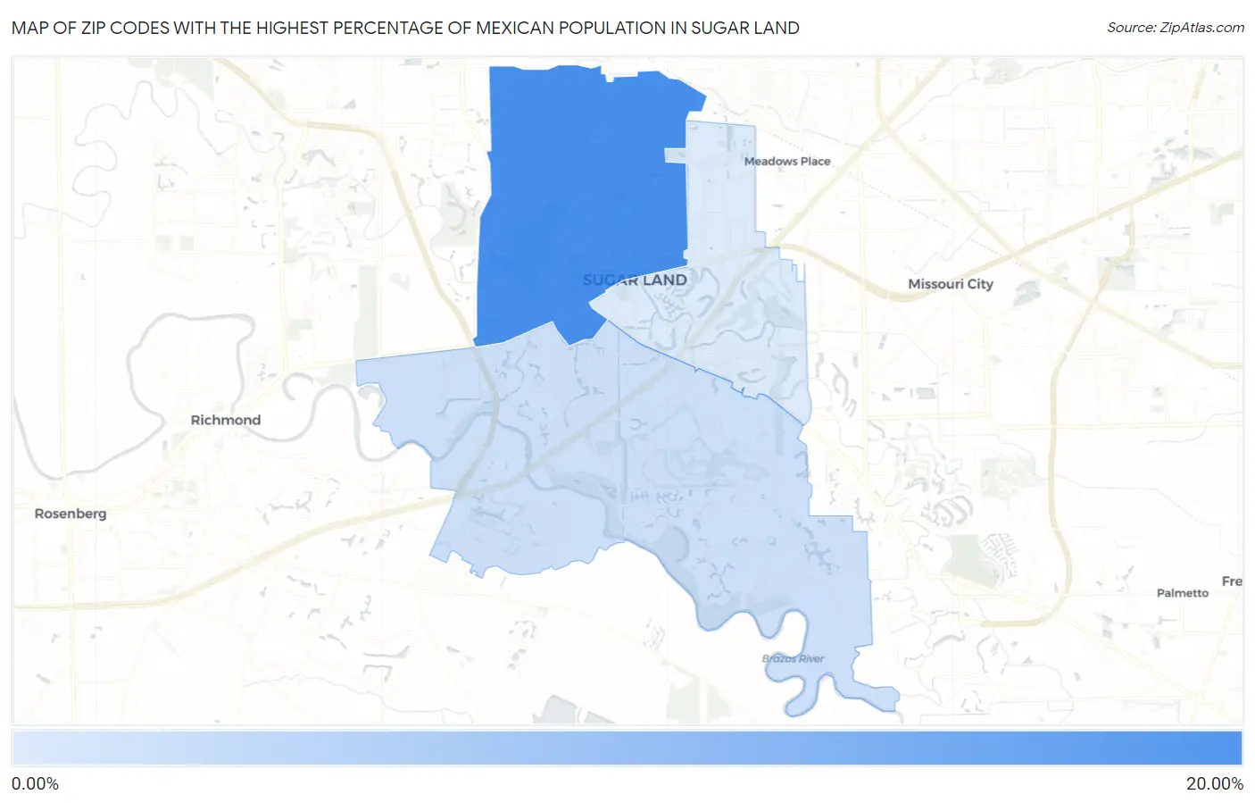 Zip Codes with the Highest Percentage of Mexican Population in Sugar Land Map