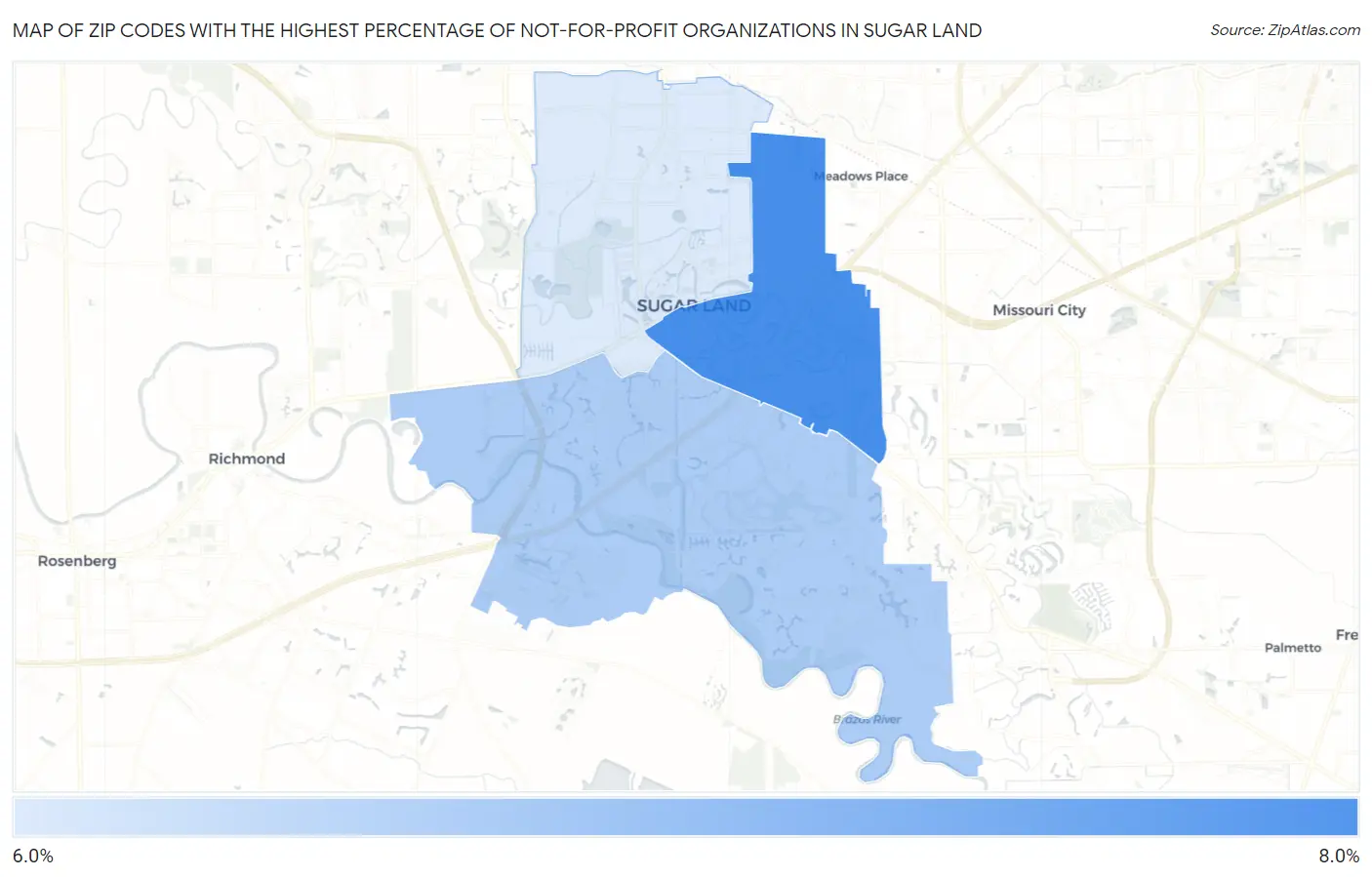 Zip Codes with the Highest Percentage of Not-for-profit Organizations in Sugar Land Map