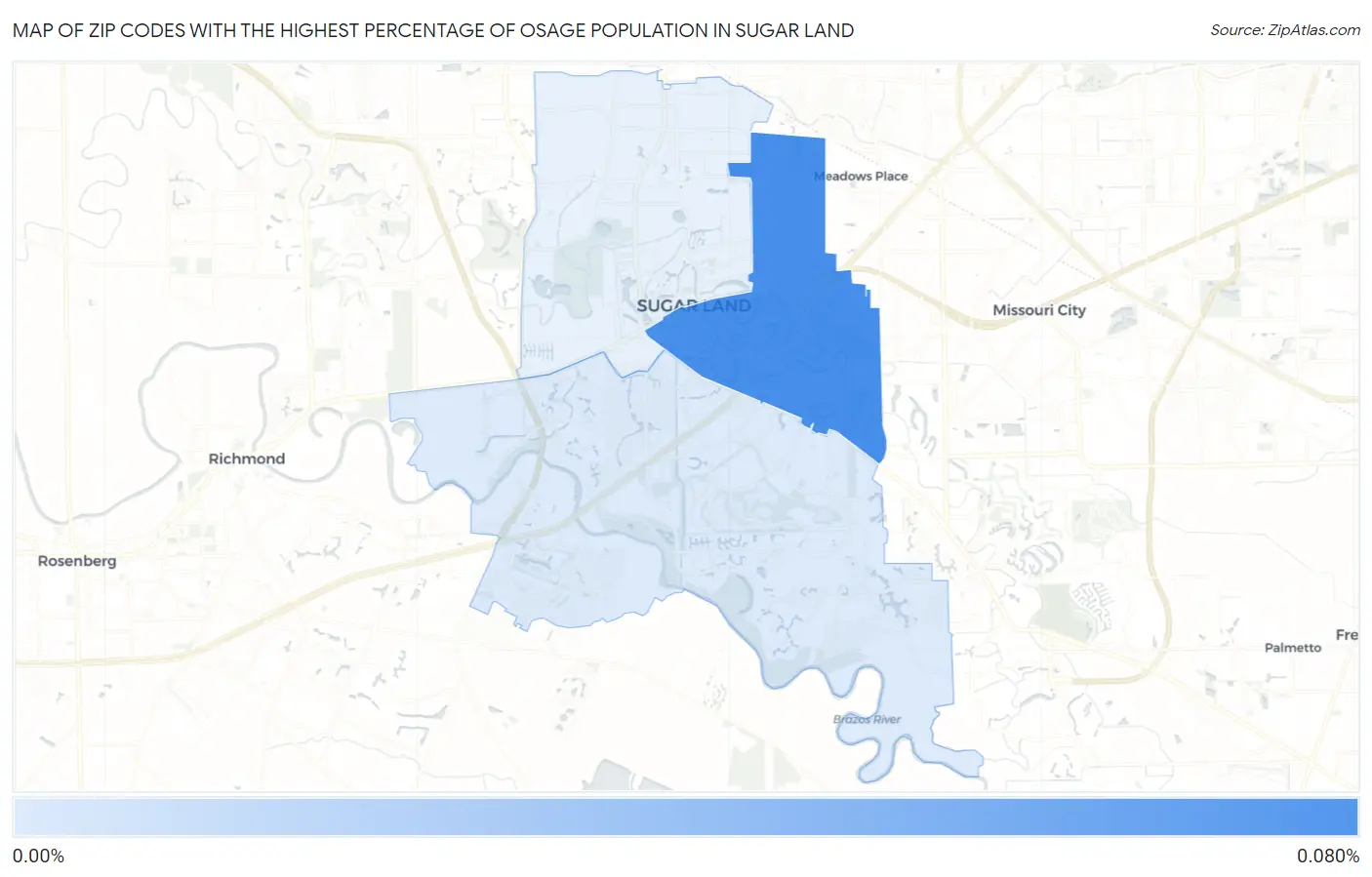Zip Codes with the Highest Percentage of Osage Population in Sugar Land Map