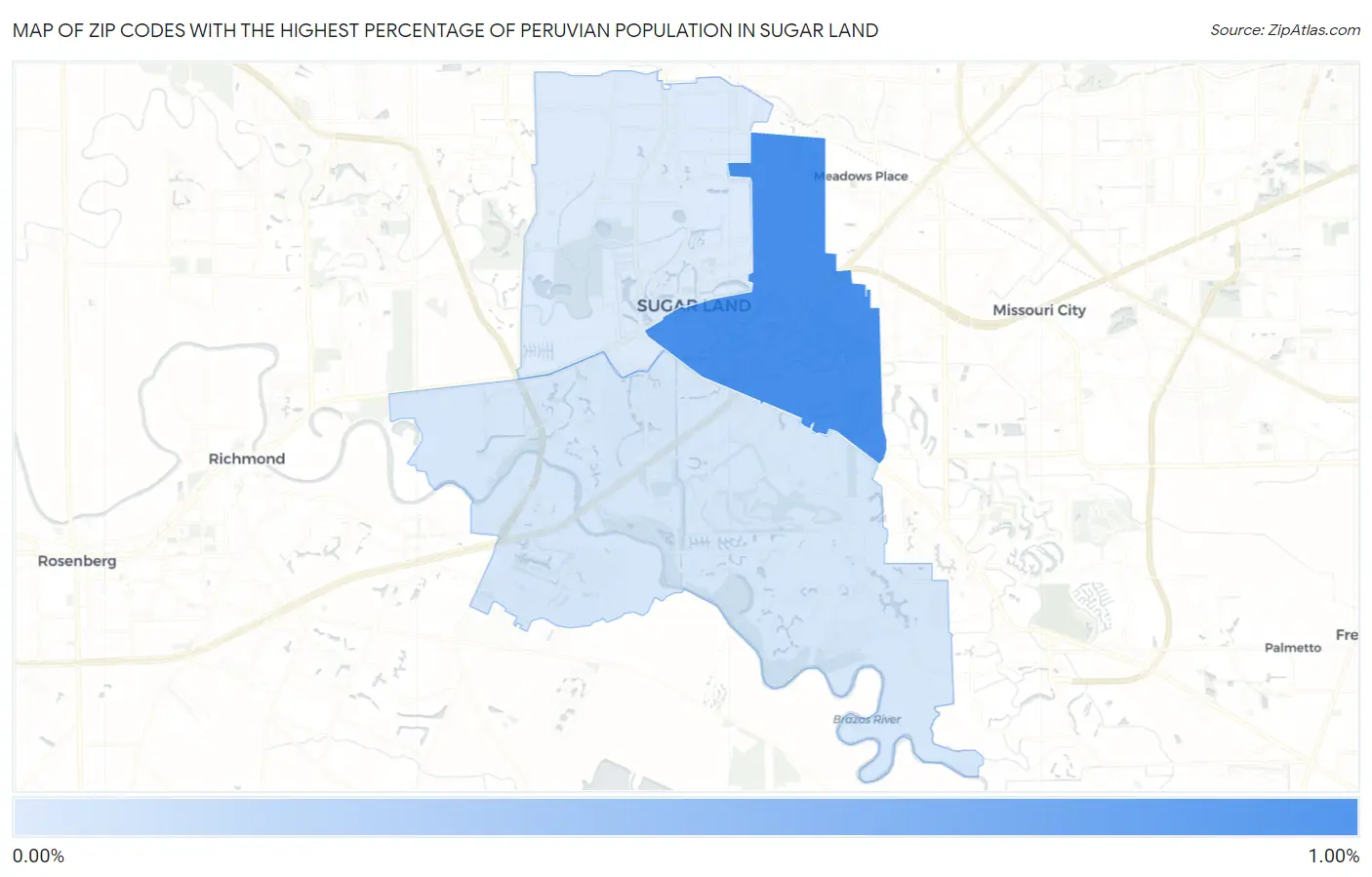 Zip Codes with the Highest Percentage of Peruvian Population in Sugar Land Map