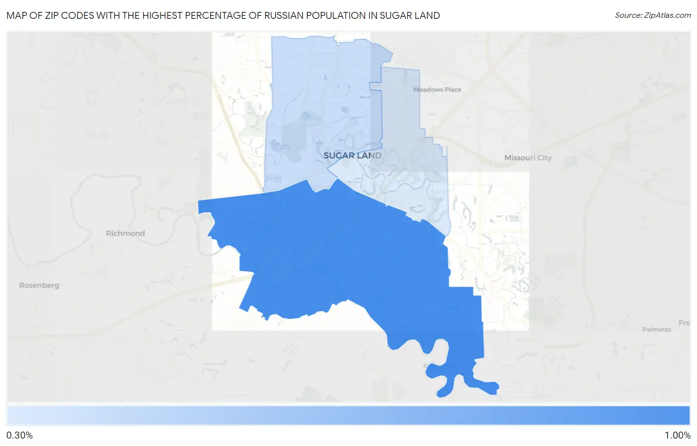 Zip Codes with the Highest Percentage of Russian Population in Sugar Land Map