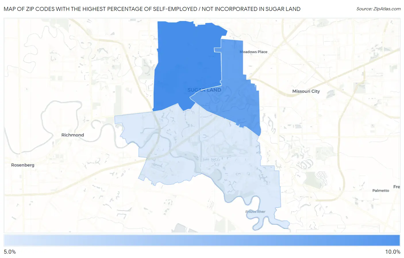 Zip Codes with the Highest Percentage of Self-Employed / Not Incorporated in Sugar Land Map