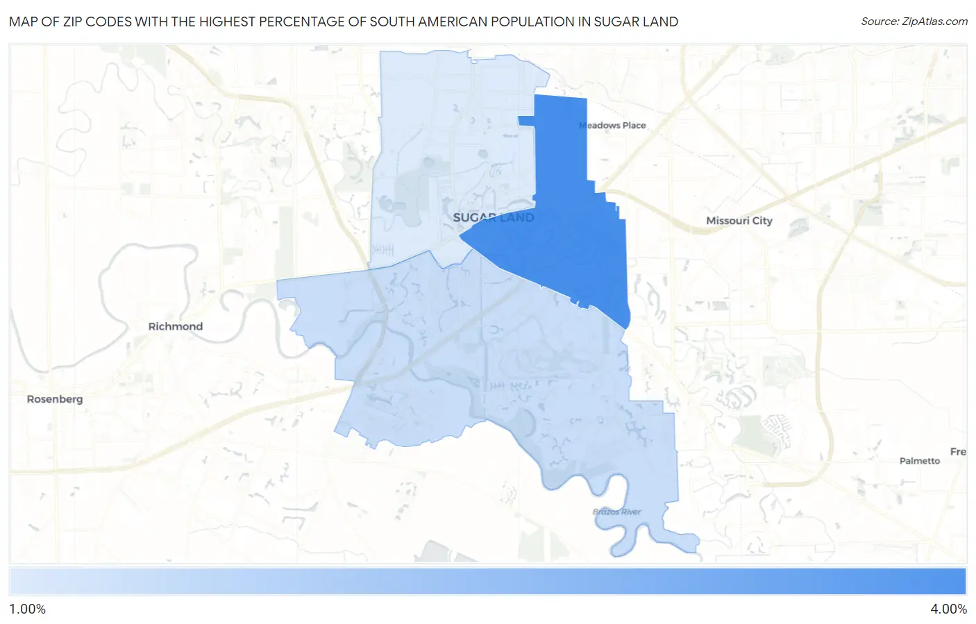 Zip Codes with the Highest Percentage of South American Population in Sugar Land Map
