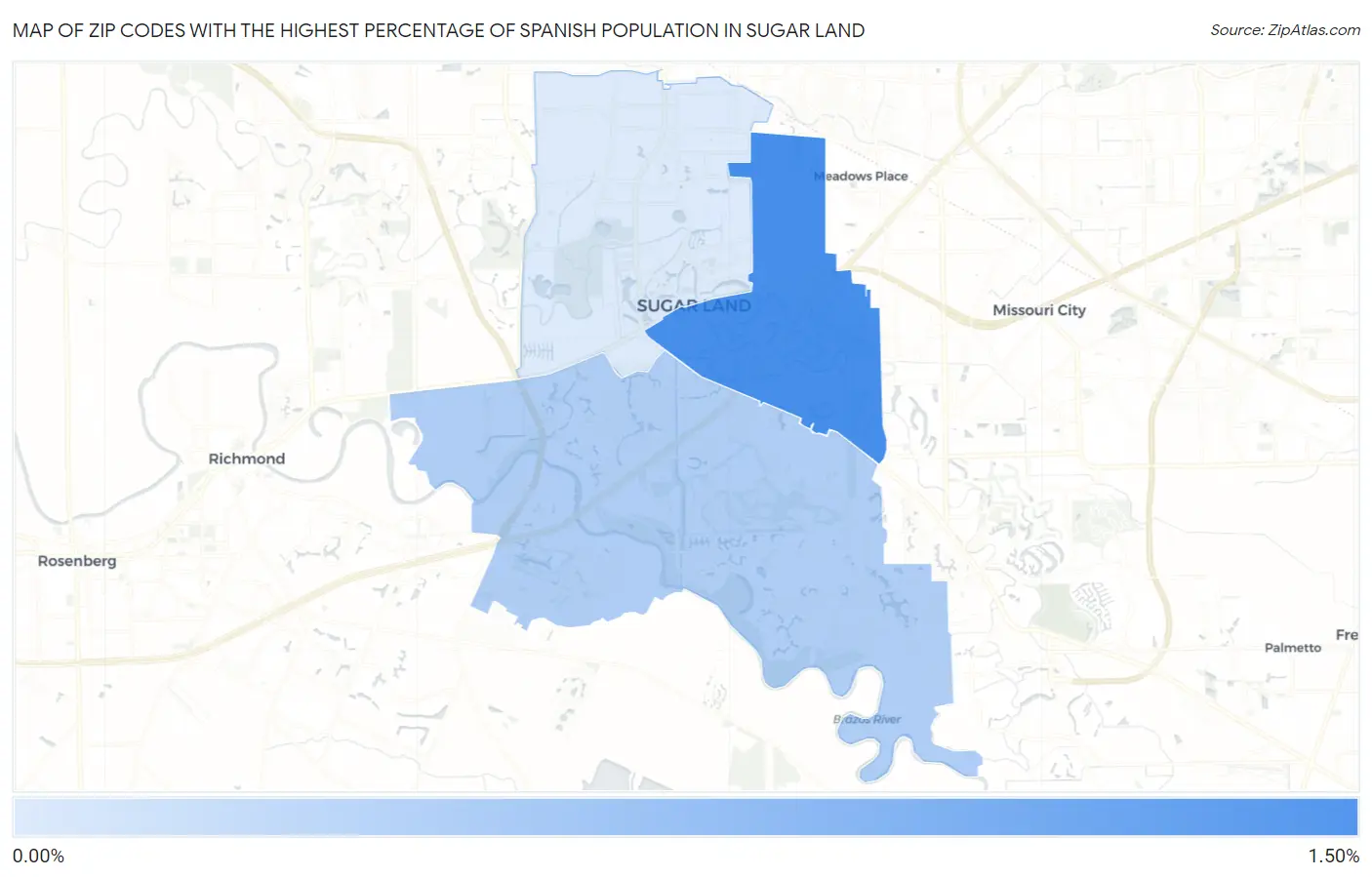 Zip Codes with the Highest Percentage of Spanish Population in Sugar Land Map
