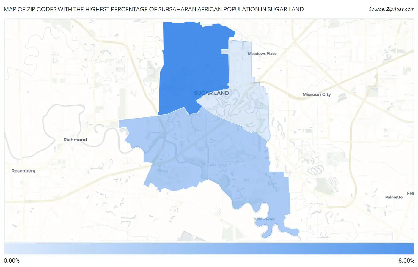 Zip Codes with the Highest Percentage of Subsaharan African Population in Sugar Land Map