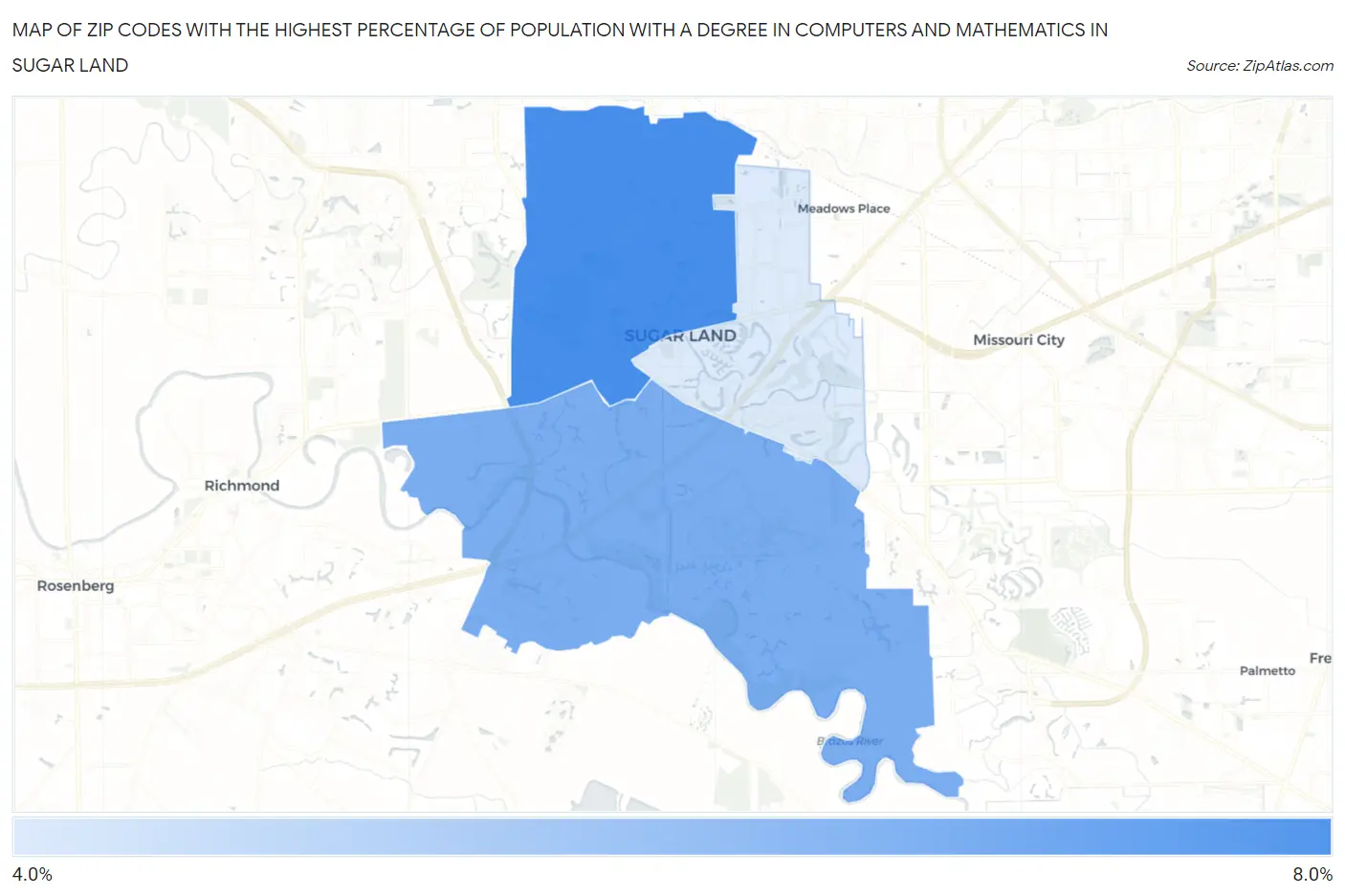 Zip Codes with the Highest Percentage of Population with a Degree in Computers and Mathematics in Sugar Land Map