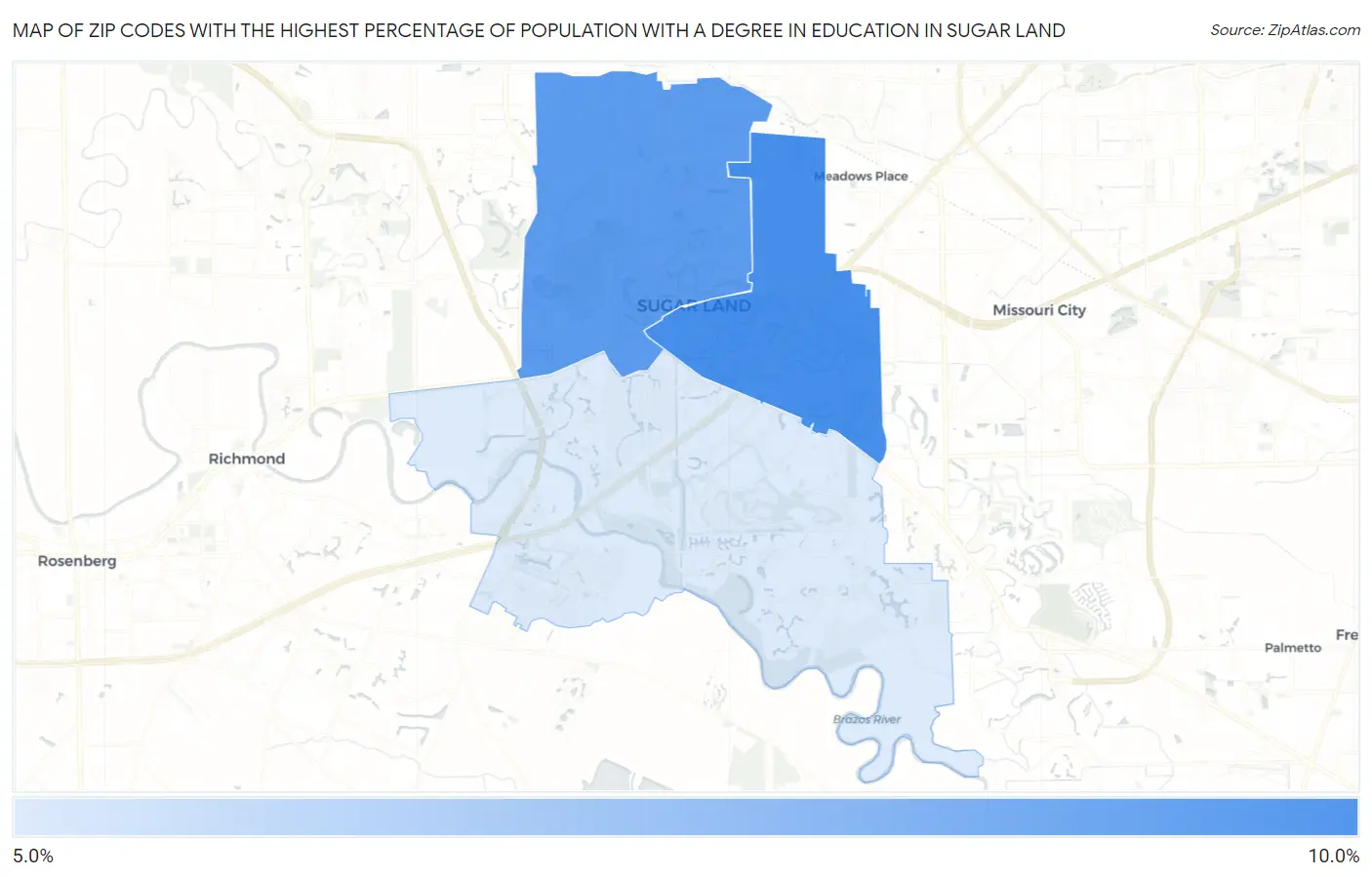 Zip Codes with the Highest Percentage of Population with a Degree in Education in Sugar Land Map