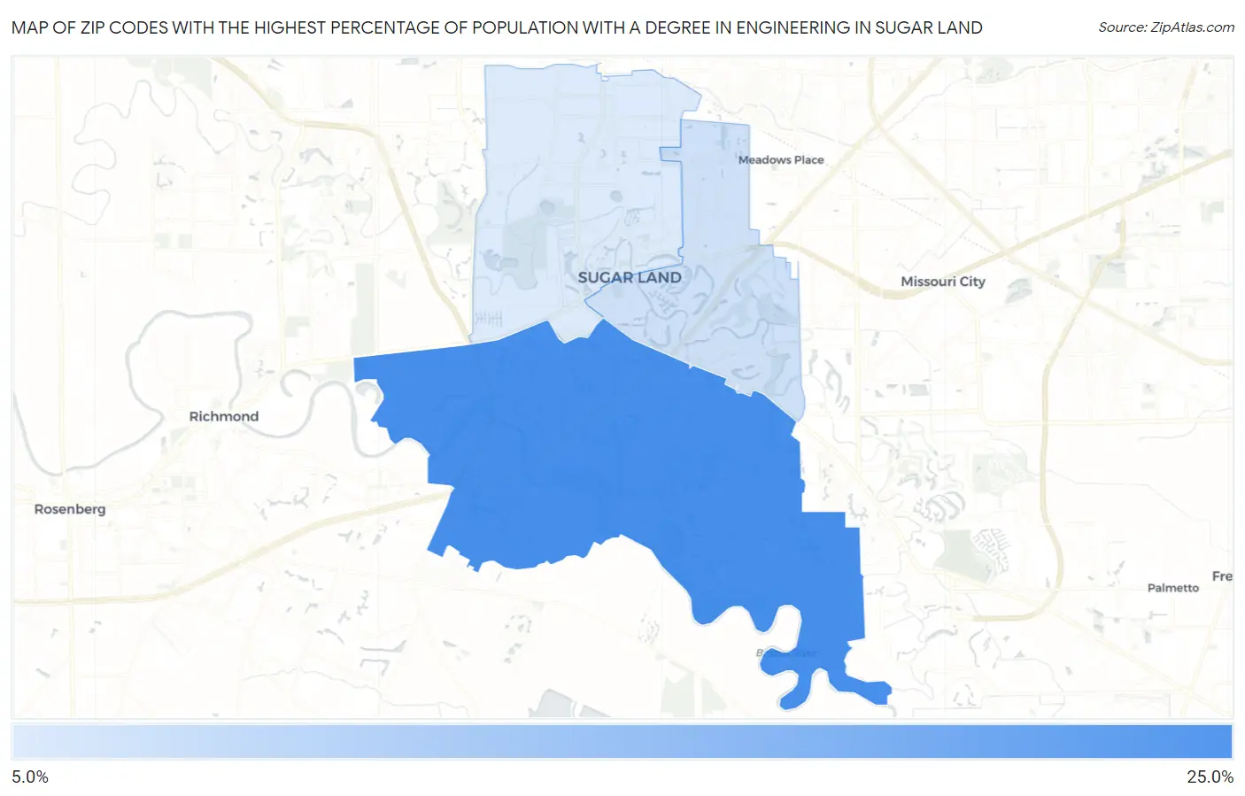 Zip Codes with the Highest Percentage of Population with a Degree in Engineering in Sugar Land Map