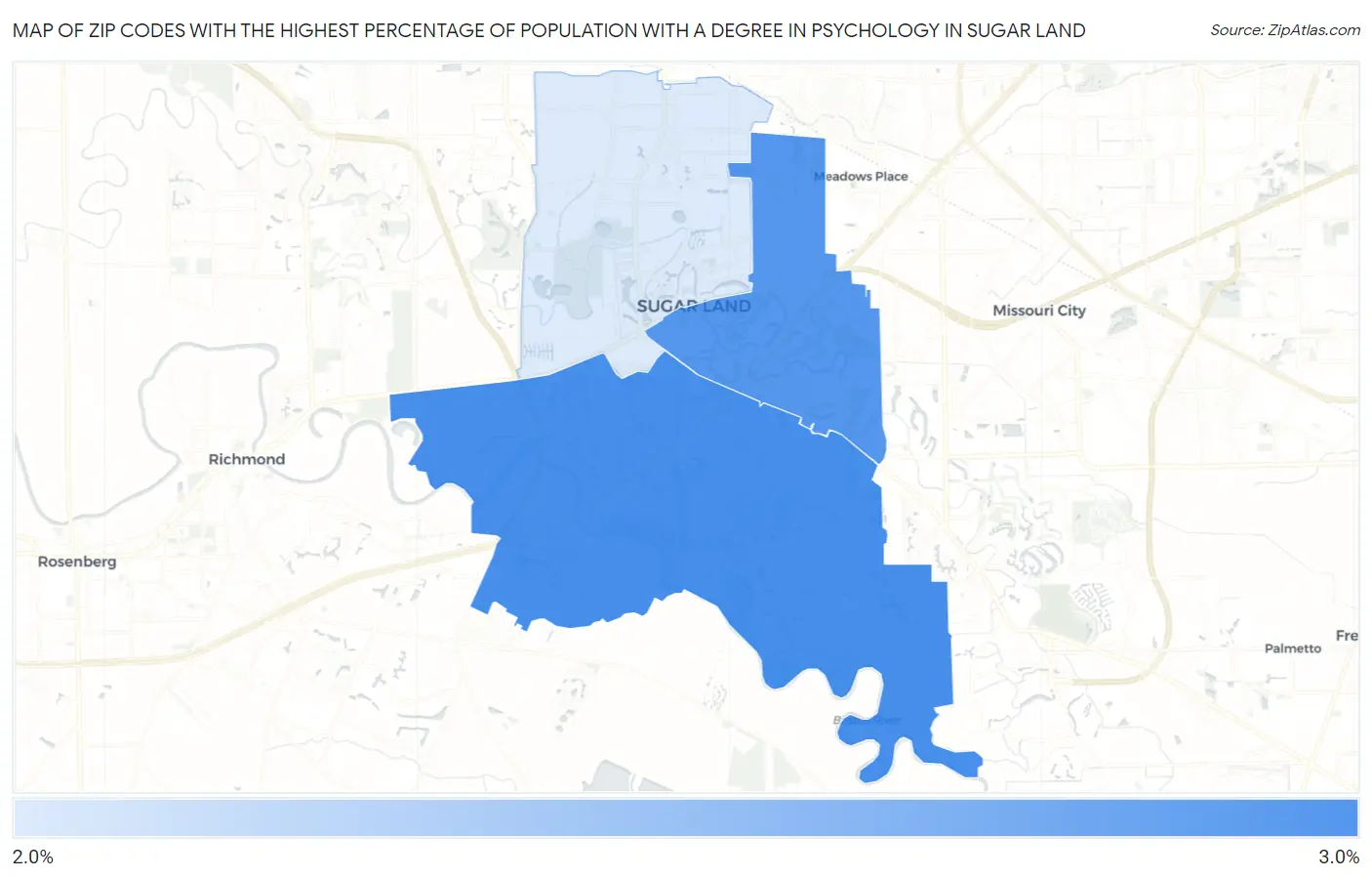 Zip Codes with the Highest Percentage of Population with a Degree in Psychology in Sugar Land Map