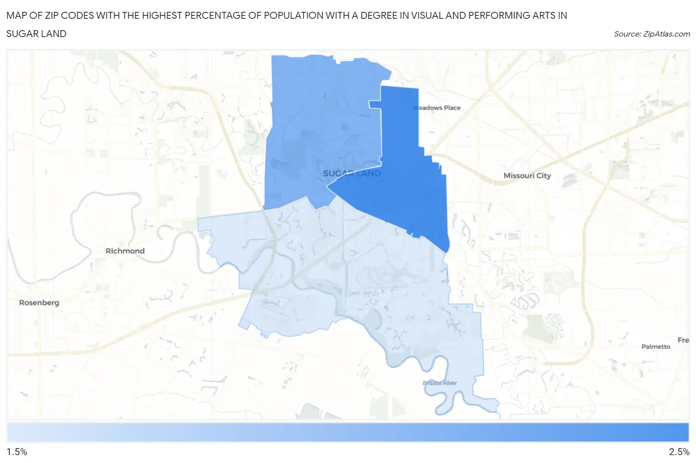 Zip Codes with the Highest Percentage of Population with a Degree in Visual and Performing Arts in Sugar Land Map