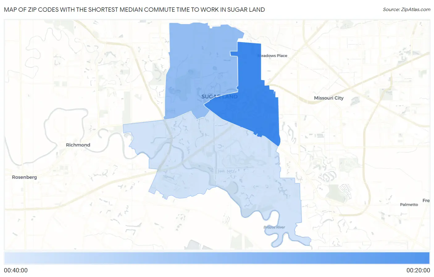 Zip Codes with the Shortest Median Commute Time to Work in Sugar Land Map