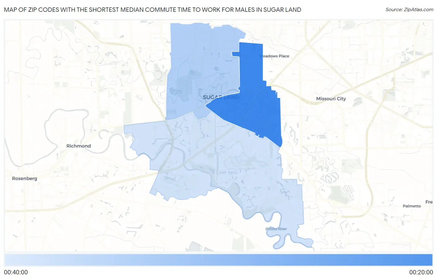 Zip Codes with the Shortest Median Commute Time to Work for Males in Sugar Land Map