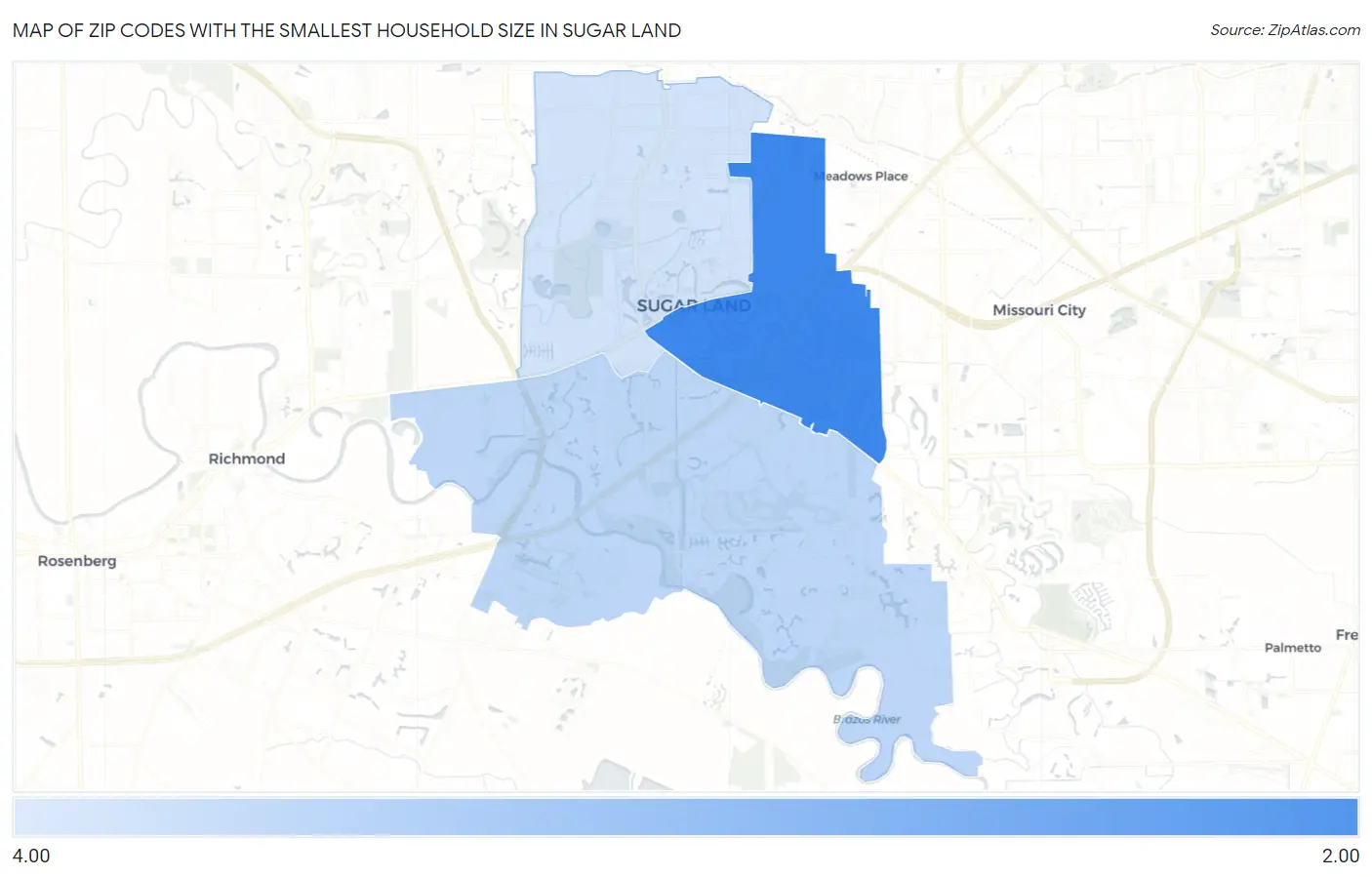 Zip Codes with the Smallest Household Size in Sugar Land Map