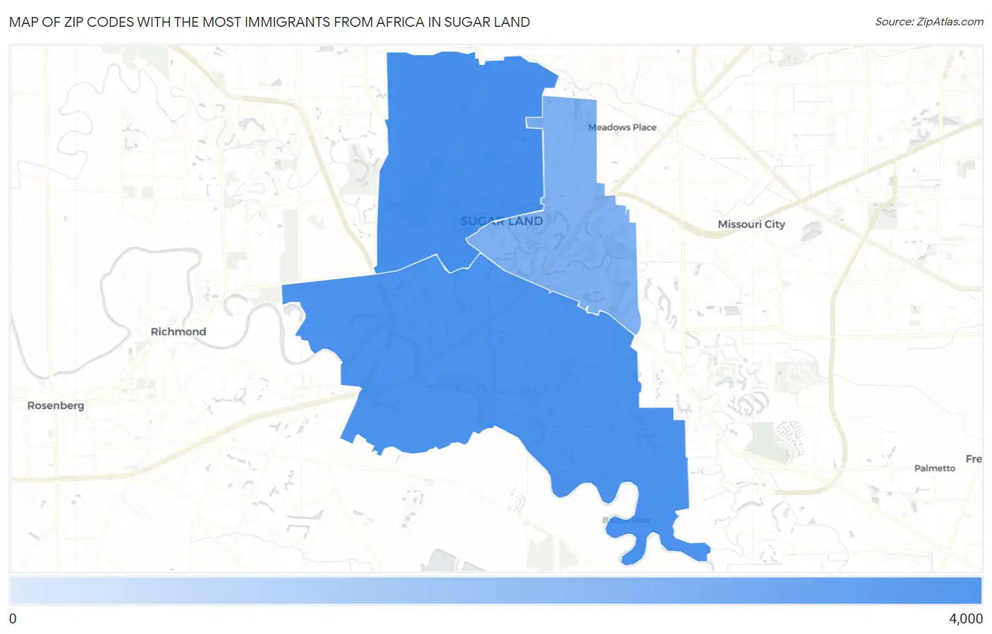 Zip Codes with the Most Immigrants from Africa in Sugar Land Map