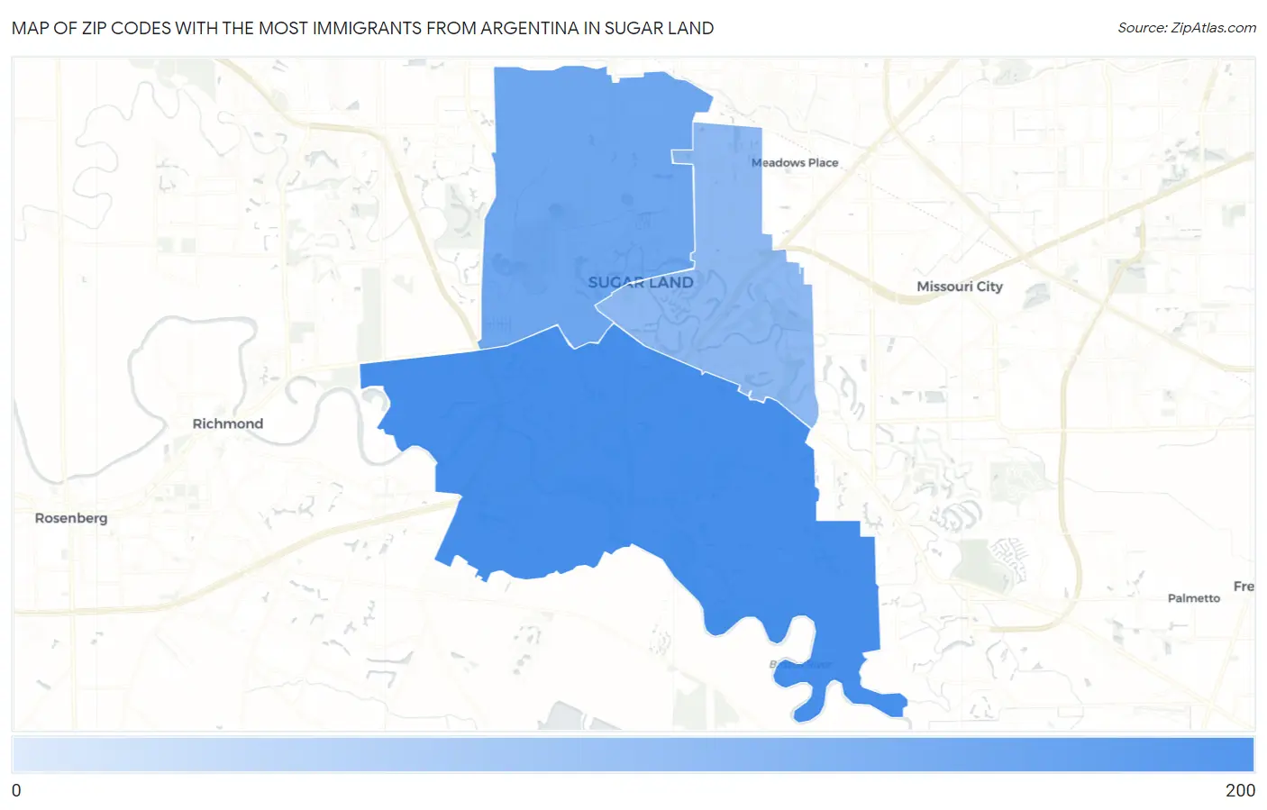 Zip Codes with the Most Immigrants from Argentina in Sugar Land Map