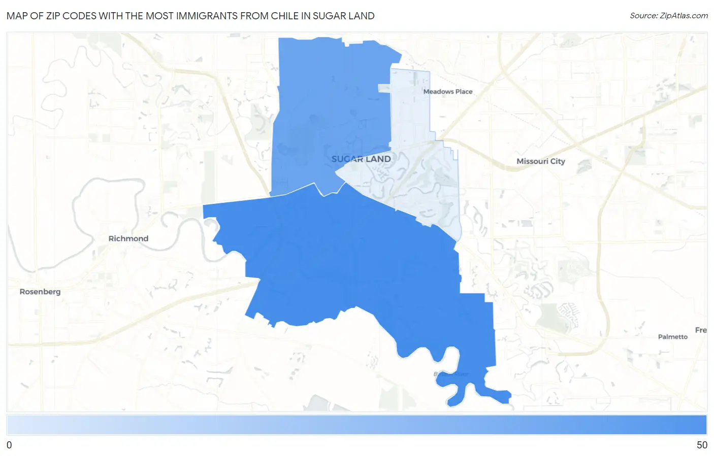 Zip Codes with the Most Immigrants from Chile in Sugar Land Map