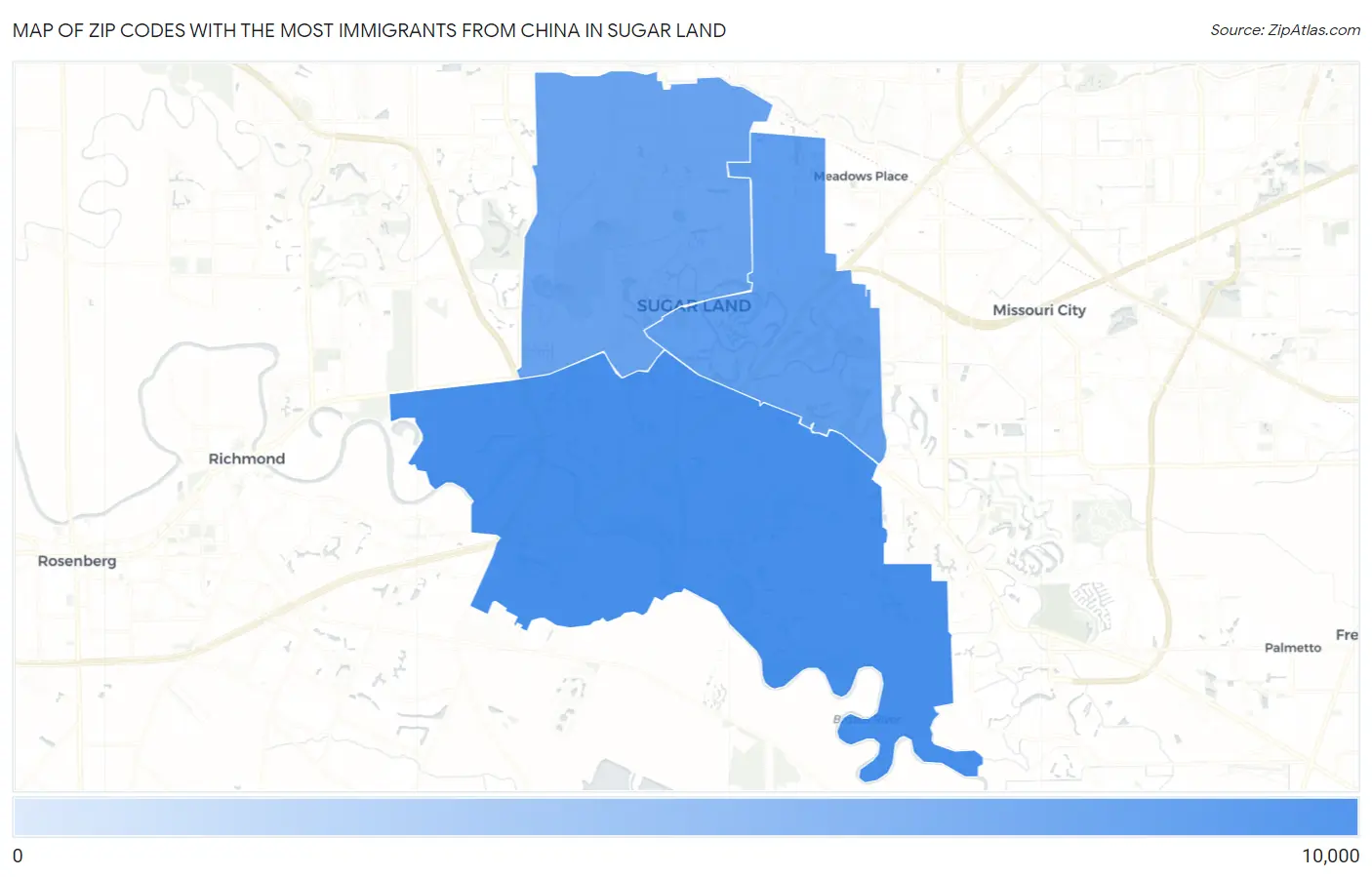 Zip Codes with the Most Immigrants from China in Sugar Land Map