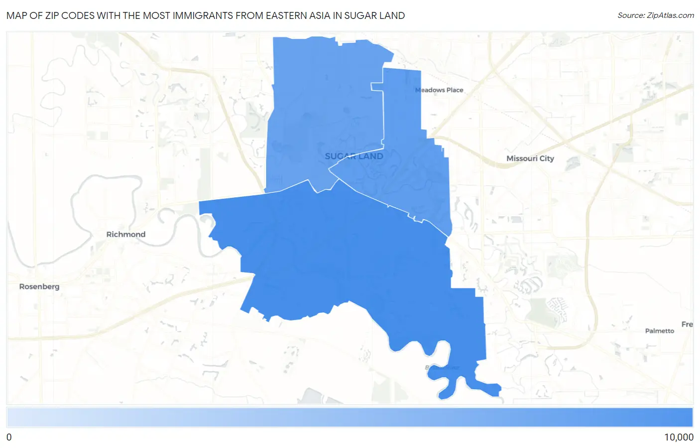 Zip Codes with the Most Immigrants from Eastern Asia in Sugar Land Map