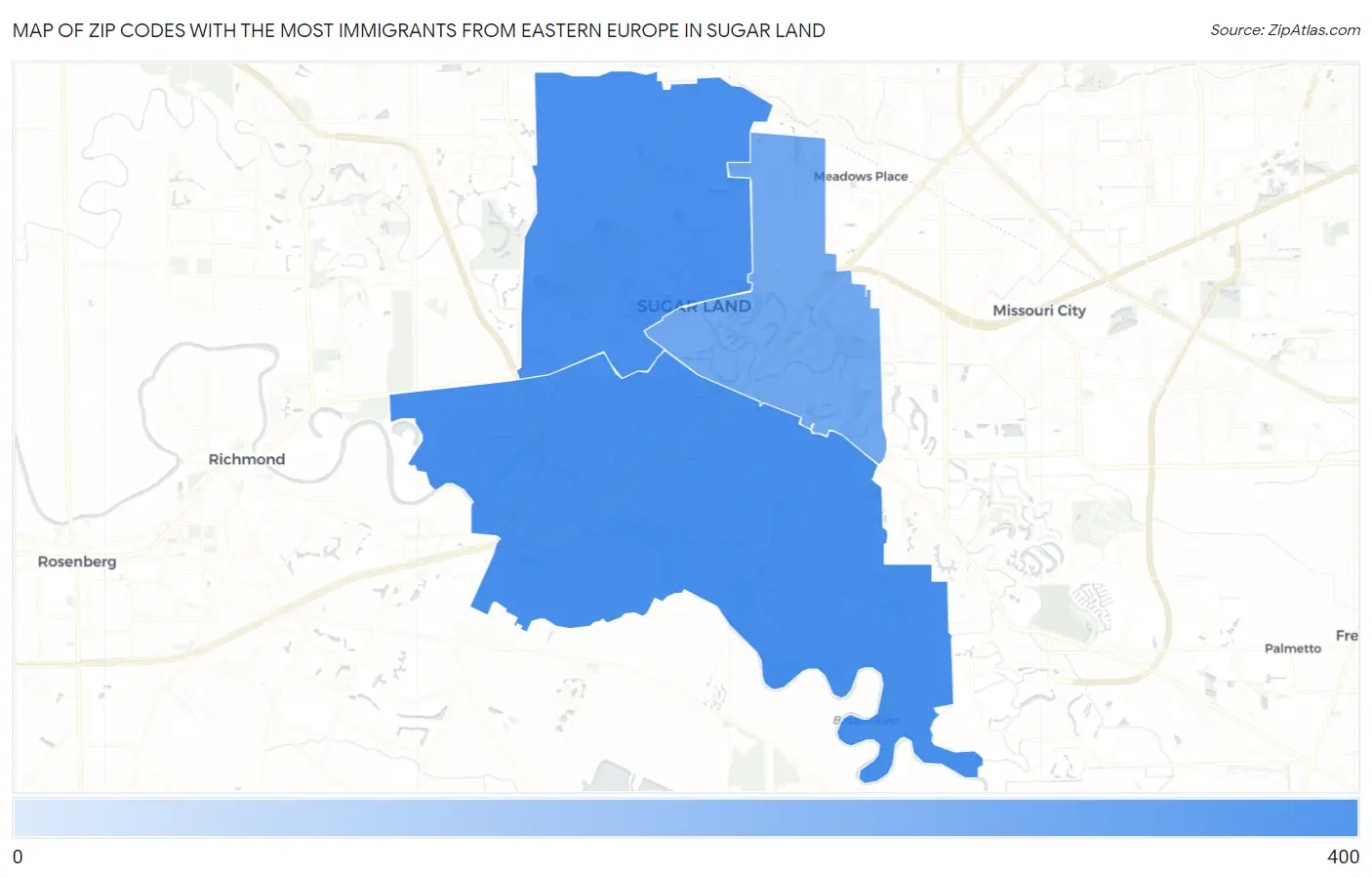 Zip Codes with the Most Immigrants from Eastern Europe in Sugar Land Map