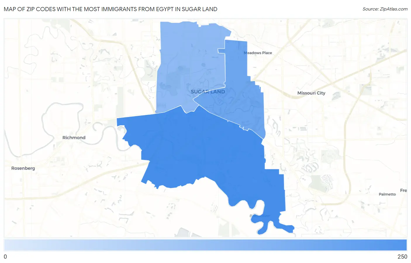 Zip Codes with the Most Immigrants from Egypt in Sugar Land Map