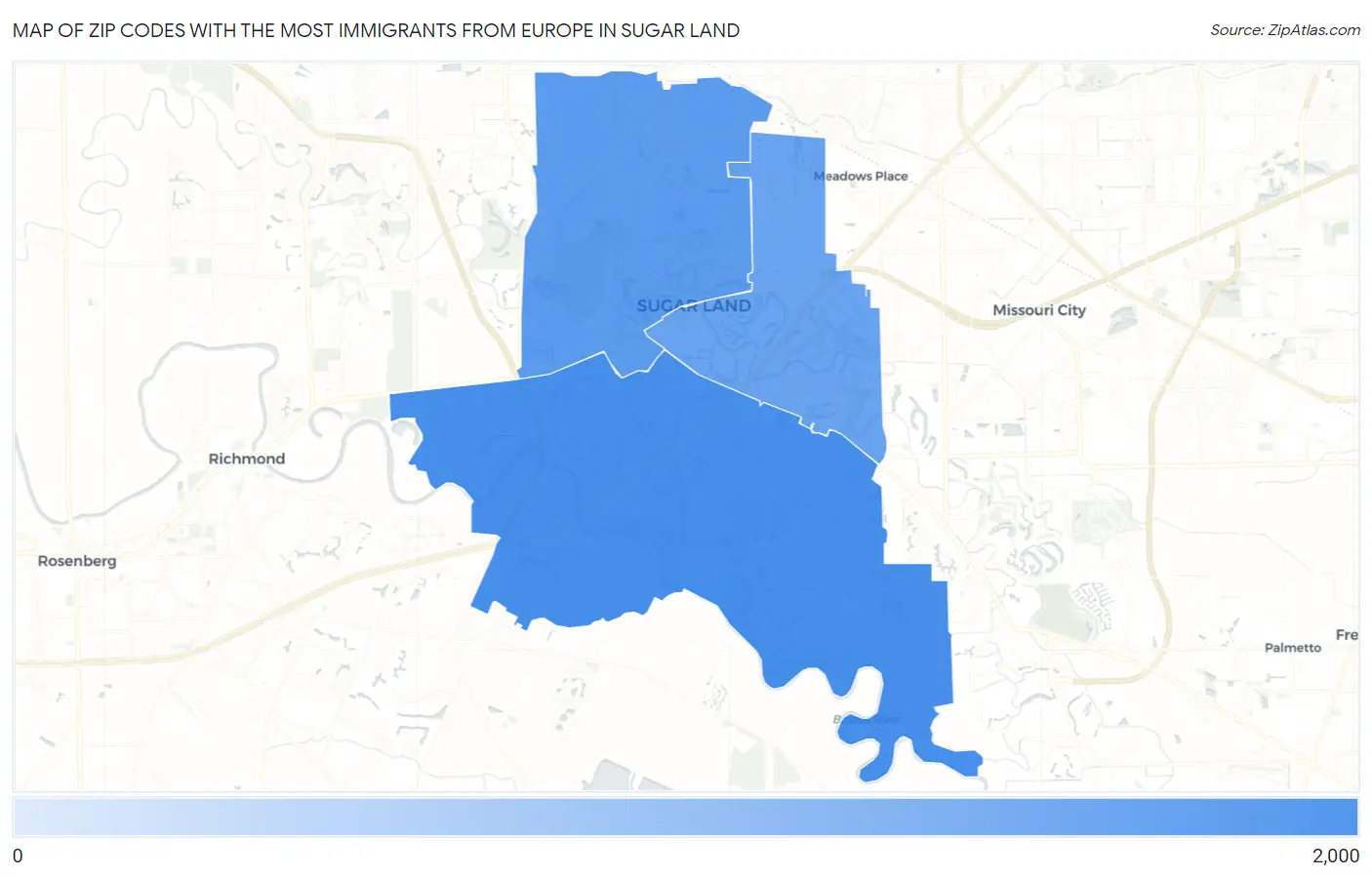 Zip Codes with the Most Immigrants from Europe in Sugar Land Map