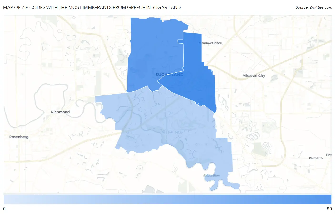 Zip Codes with the Most Immigrants from Greece in Sugar Land Map