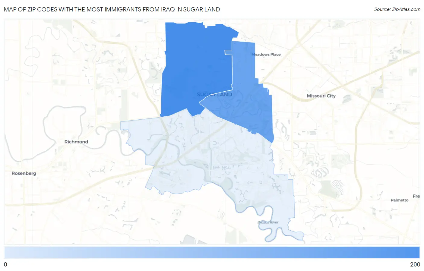 Zip Codes with the Most Immigrants from Iraq in Sugar Land Map