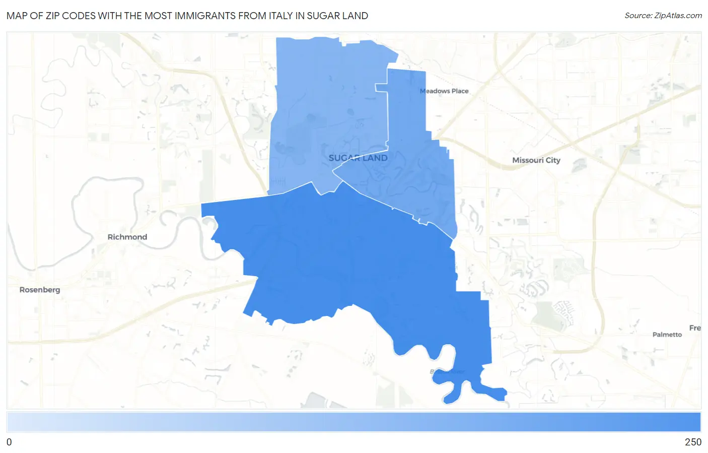 Zip Codes with the Most Immigrants from Italy in Sugar Land Map
