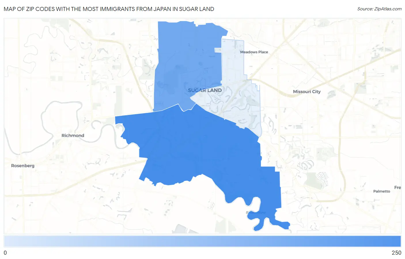 Zip Codes with the Most Immigrants from Japan in Sugar Land Map