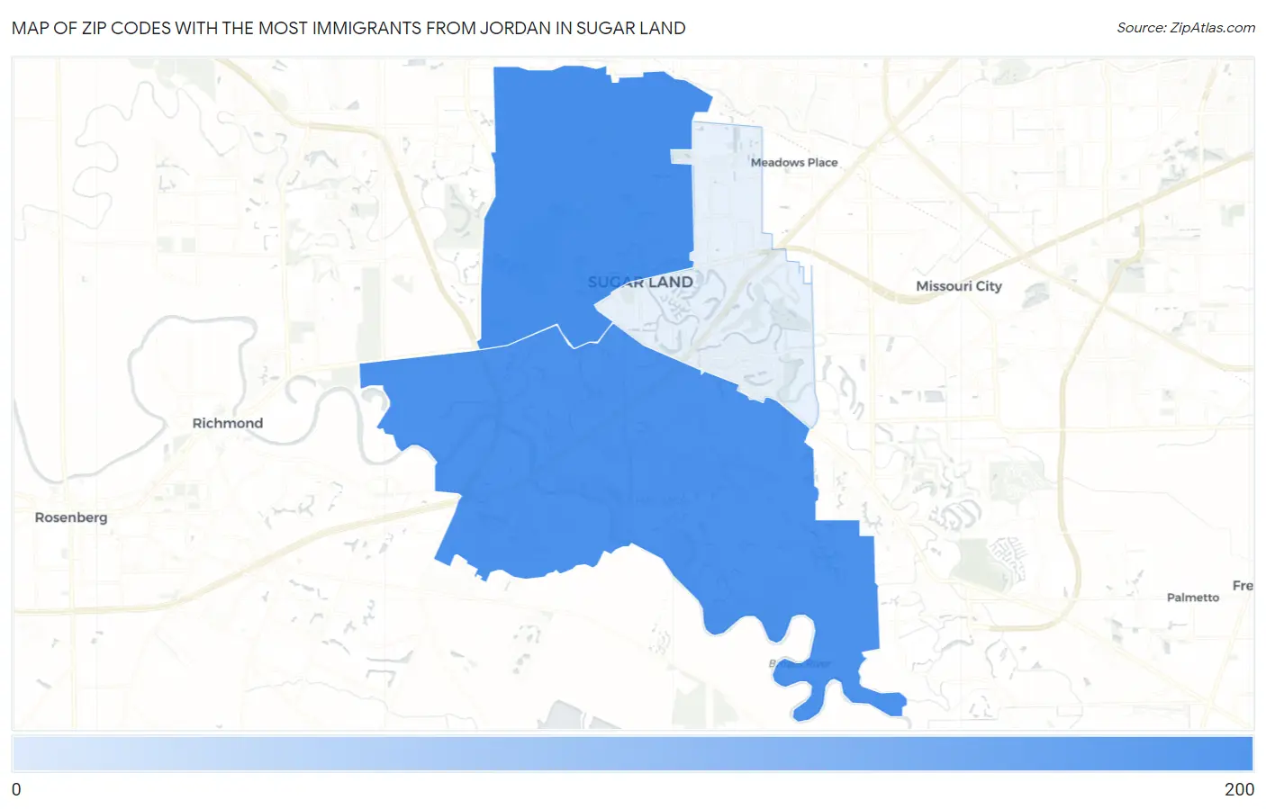 Zip Codes with the Most Immigrants from Jordan in Sugar Land Map