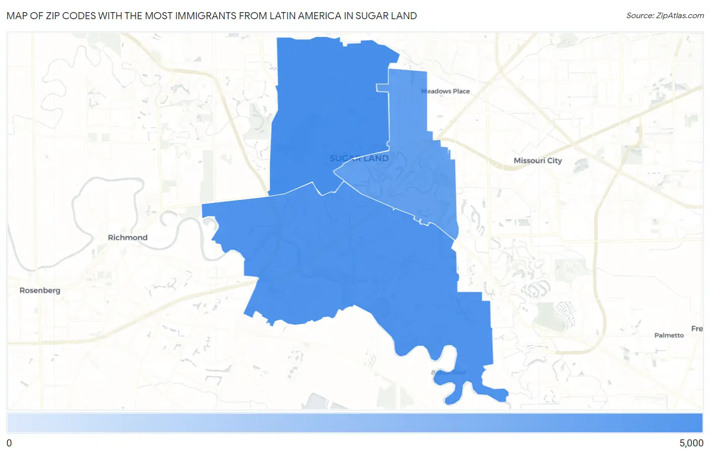 Zip Codes with the Most Immigrants from Latin America in Sugar Land Map