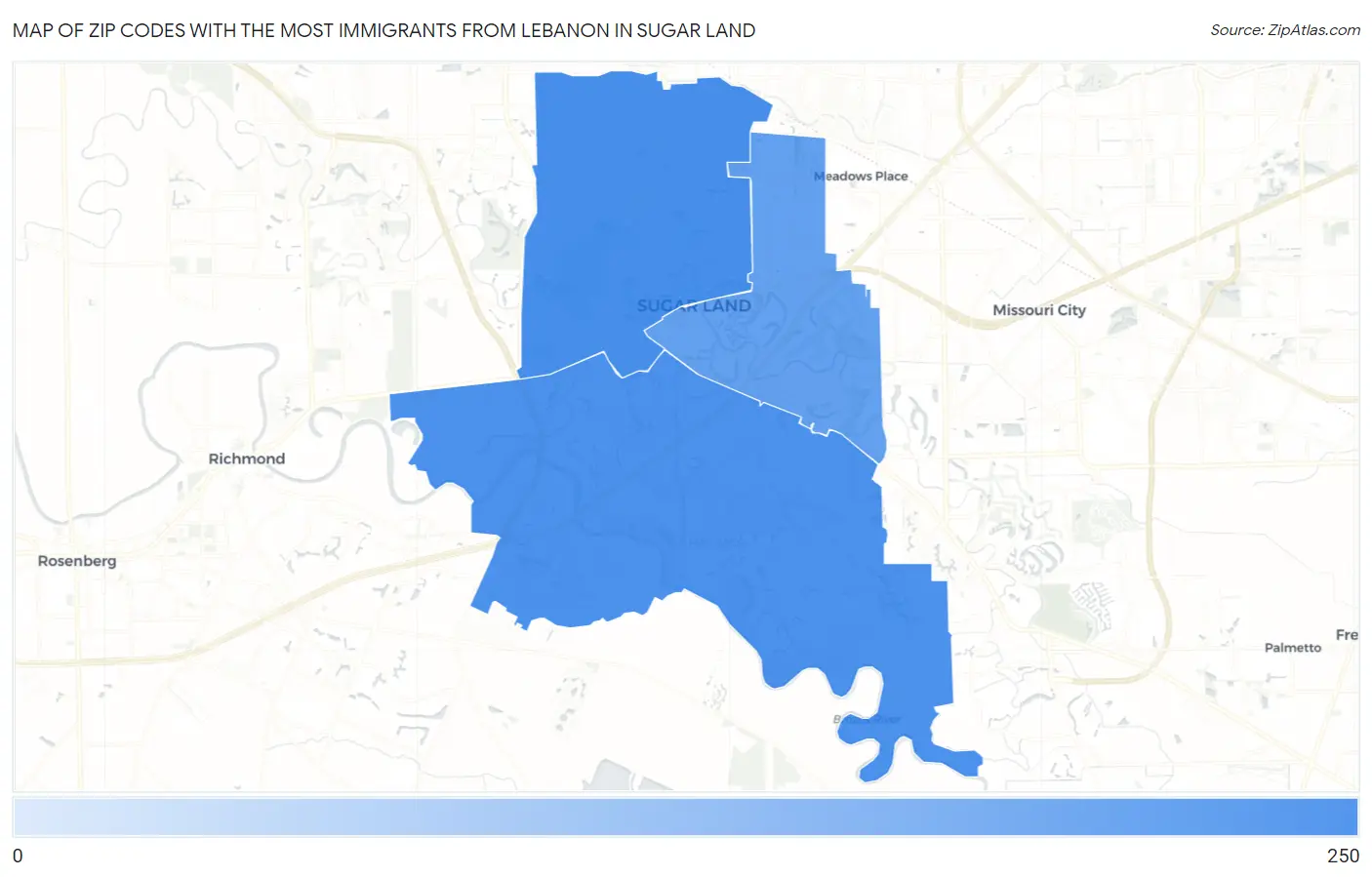 Zip Codes with the Most Immigrants from Lebanon in Sugar Land Map