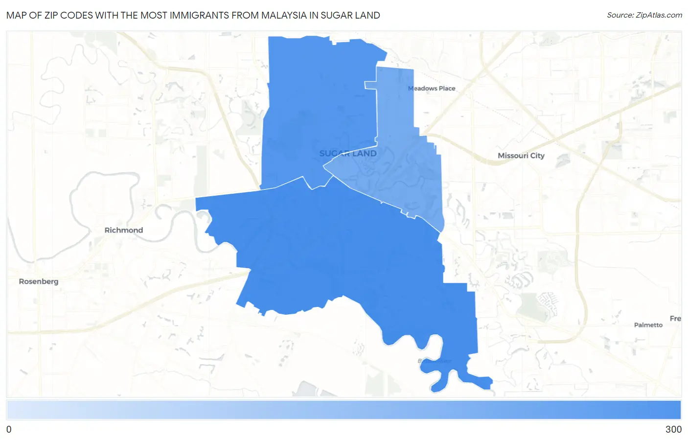 Zip Codes with the Most Immigrants from Malaysia in Sugar Land Map