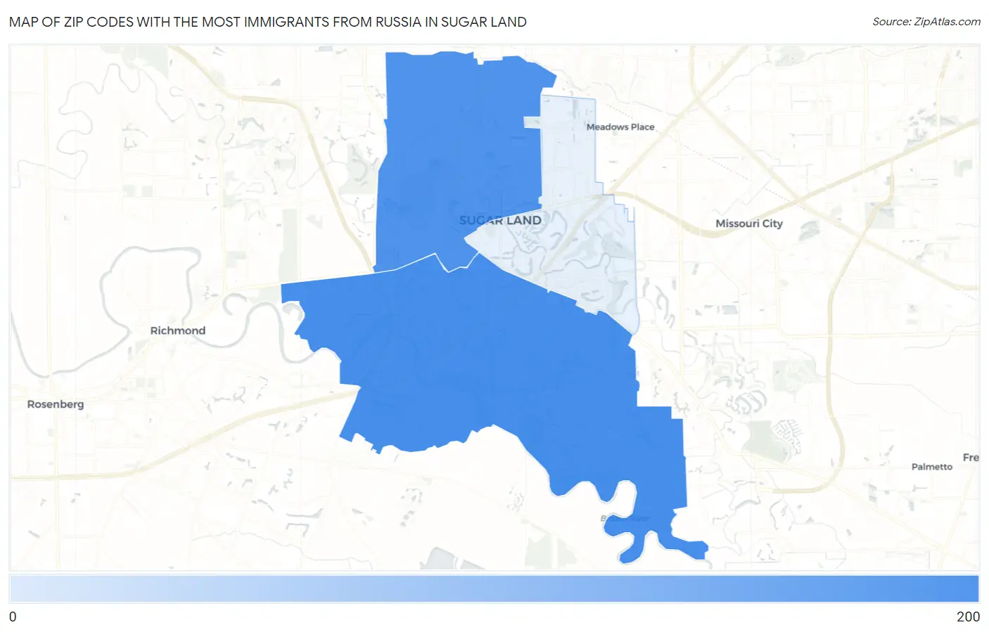 Zip Codes with the Most Immigrants from Russia in Sugar Land Map