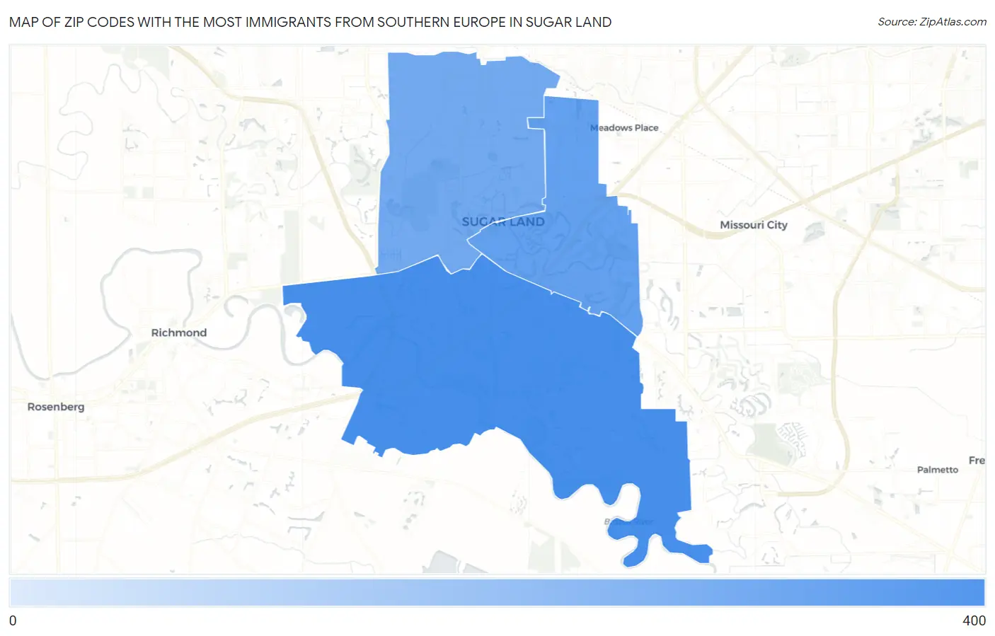 Zip Codes with the Most Immigrants from Southern Europe in Sugar Land Map