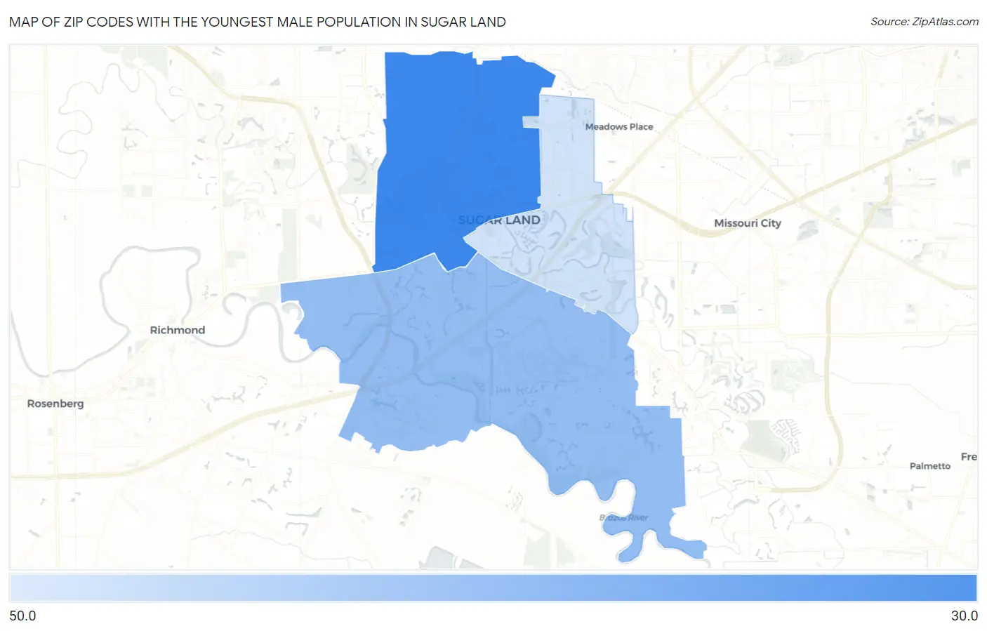 Zip Codes with the Youngest Male Population in Sugar Land Map