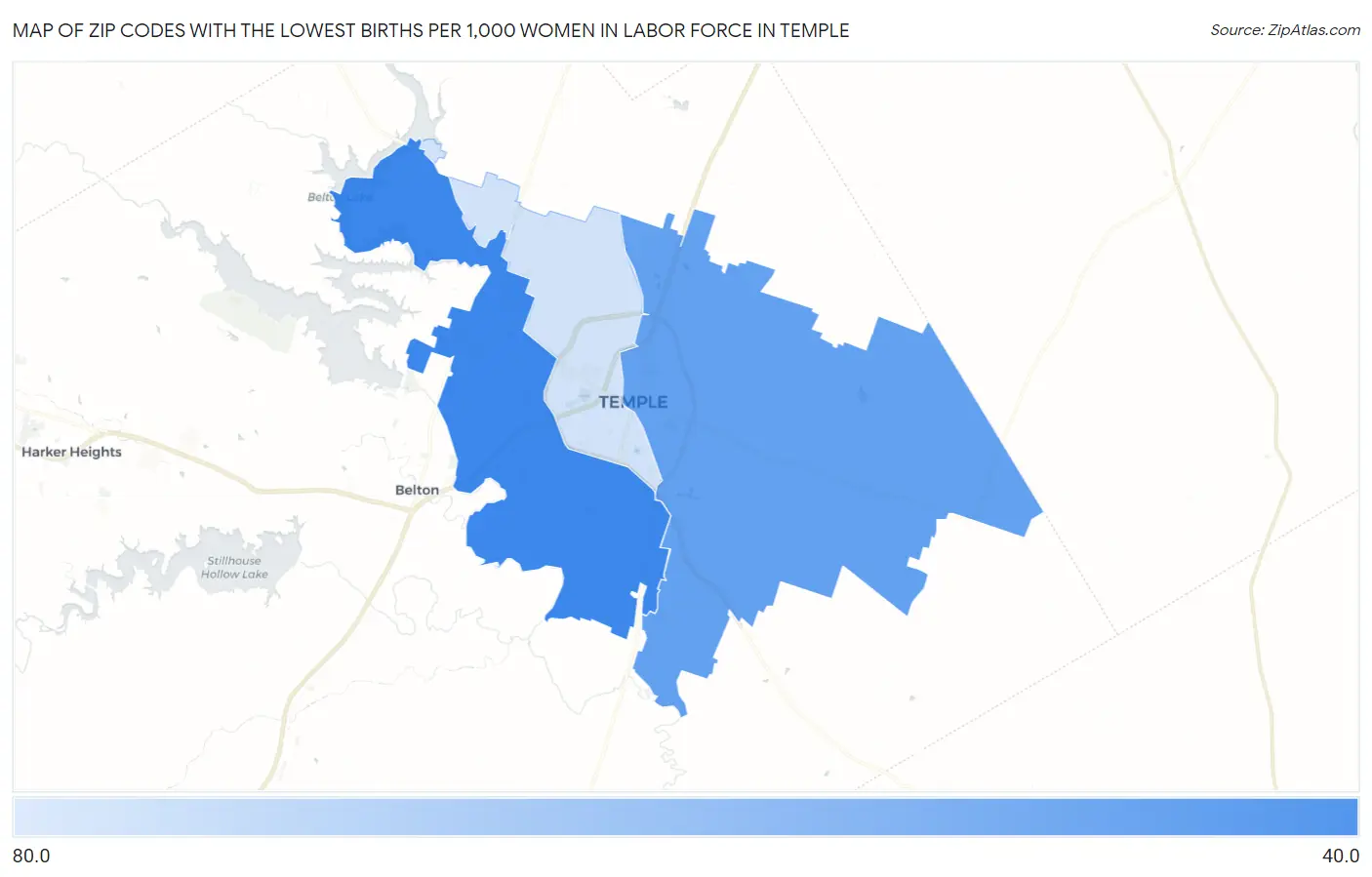 Zip Codes with the Lowest Births per 1,000 Women in Labor Force in Temple Map