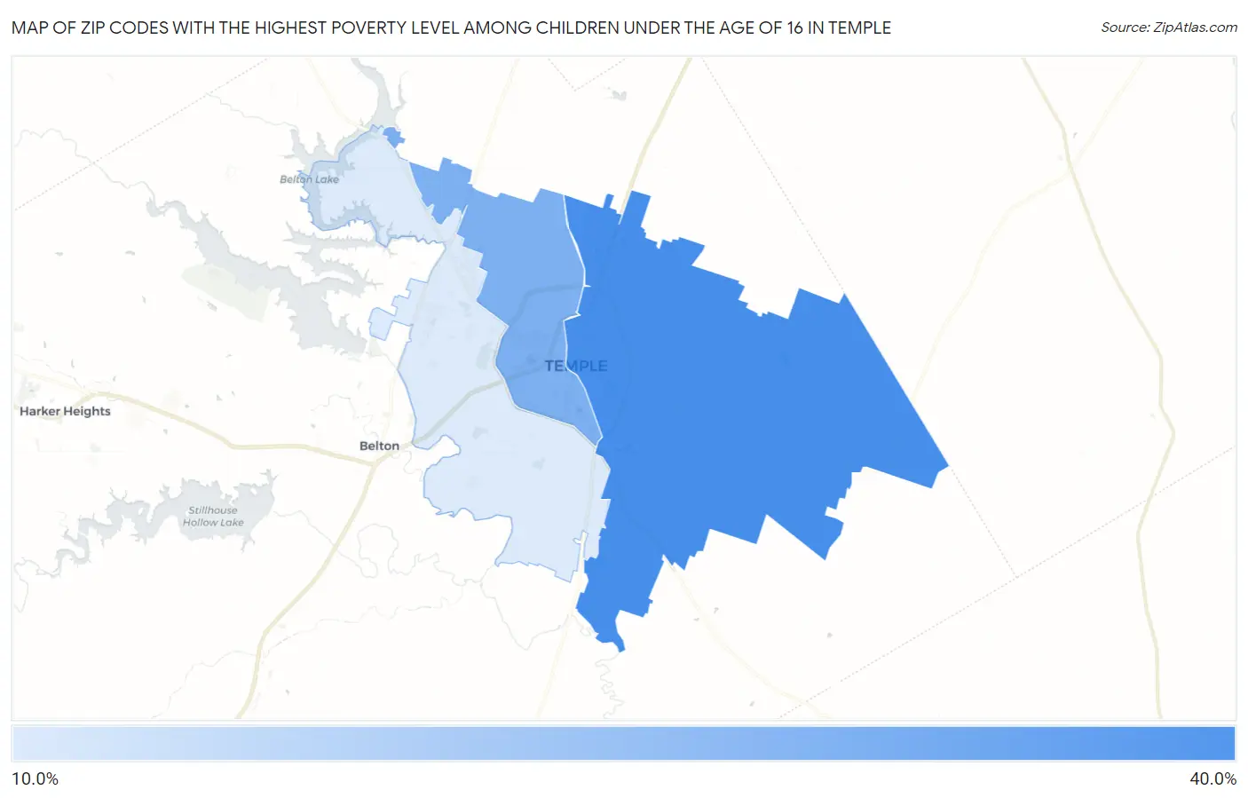 Zip Codes with the Highest Poverty Level Among Children Under the Age of 16 in Temple Map