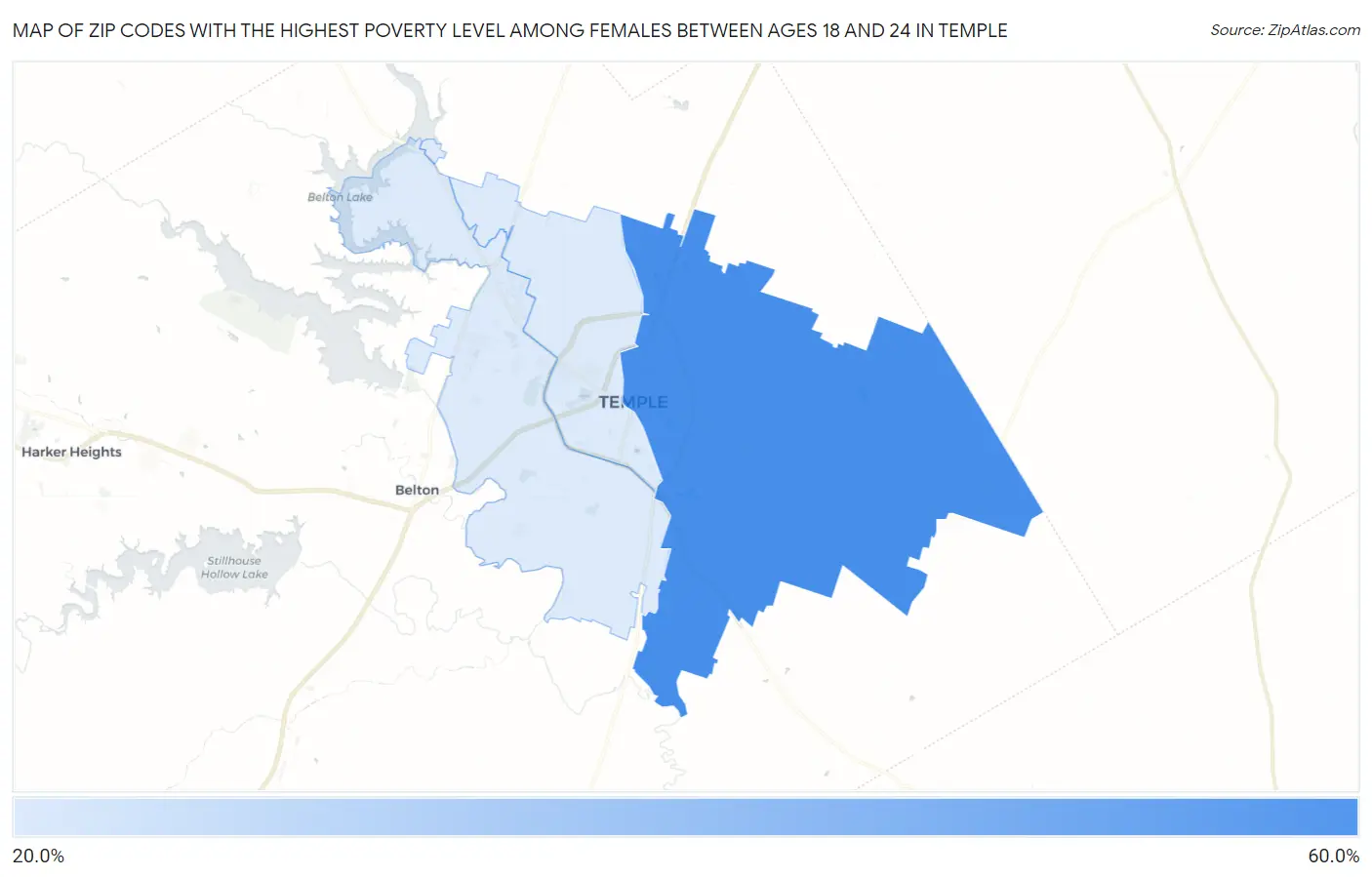 Zip Codes with the Highest Poverty Level Among Females Between Ages 18 and 24 in Temple Map