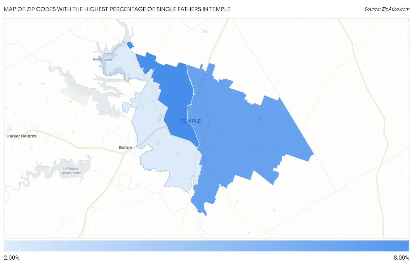 Zip Codes with the Highest Percentage of Single Fathers in Temple Map