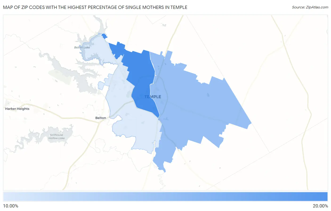 Zip Codes with the Highest Percentage of Single Mothers in Temple Map
