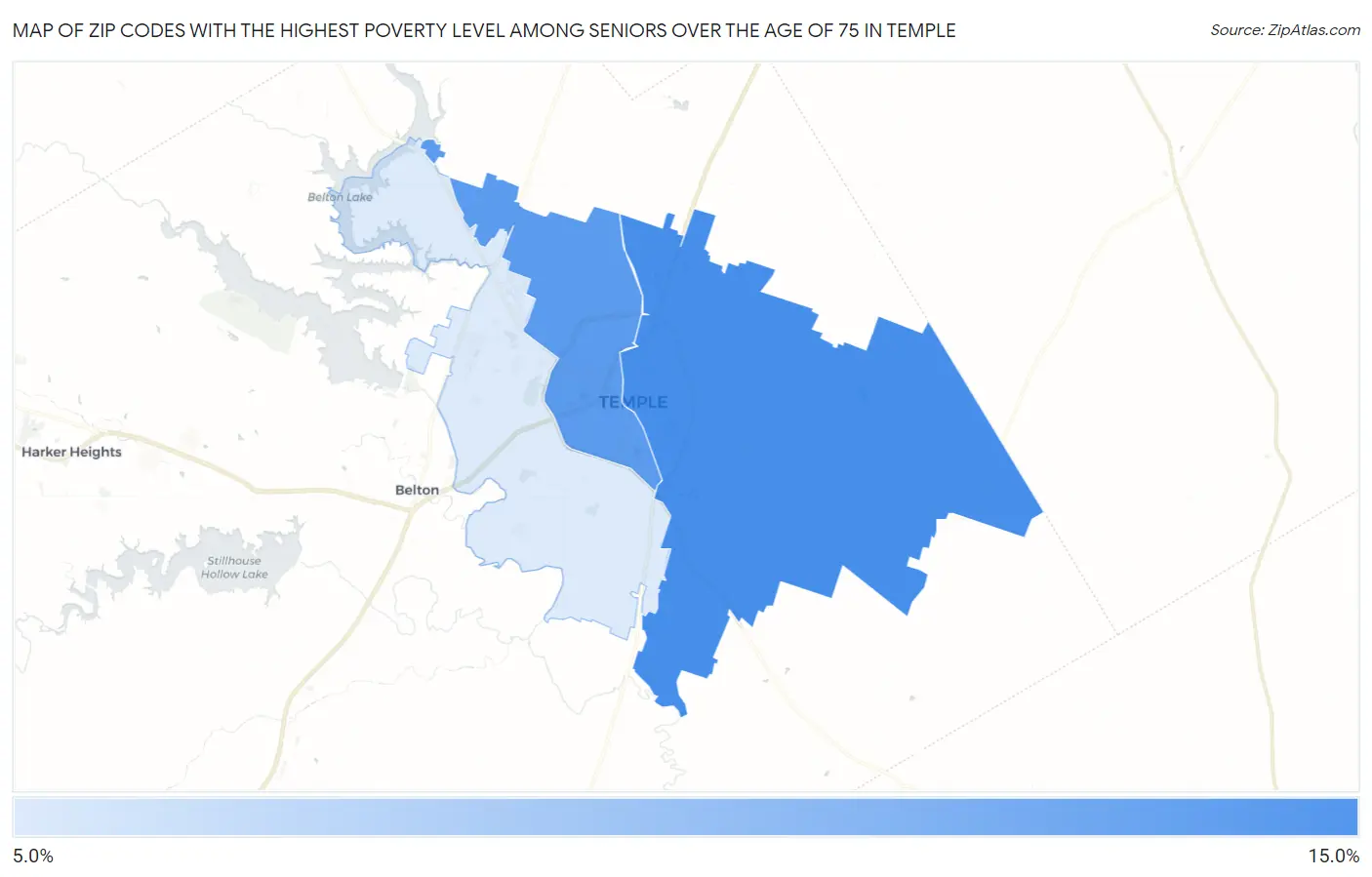 Zip Codes with the Highest Poverty Level Among Seniors Over the Age of 75 in Temple Map