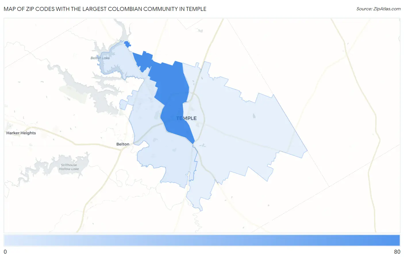 Zip Codes with the Largest Colombian Community in Temple Map
