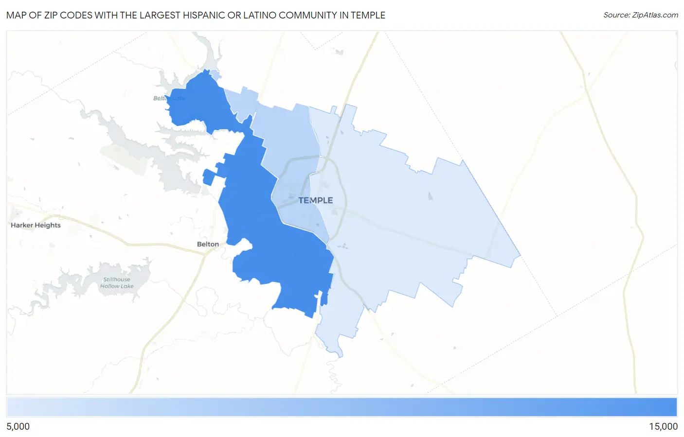 Zip Codes with the Largest Hispanic or Latino Community in Temple Map