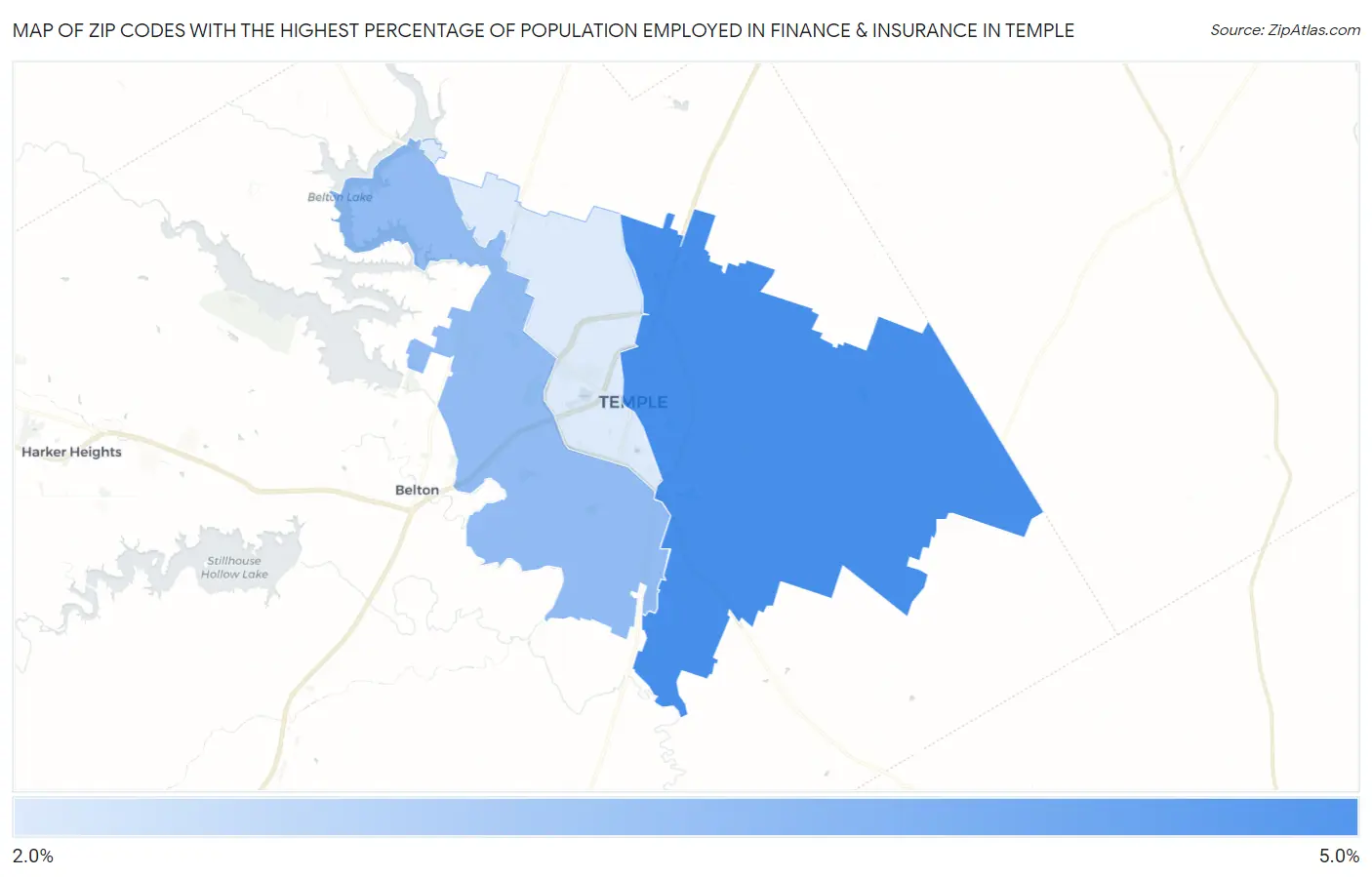 Zip Codes with the Highest Percentage of Population Employed in Finance & Insurance in Temple Map