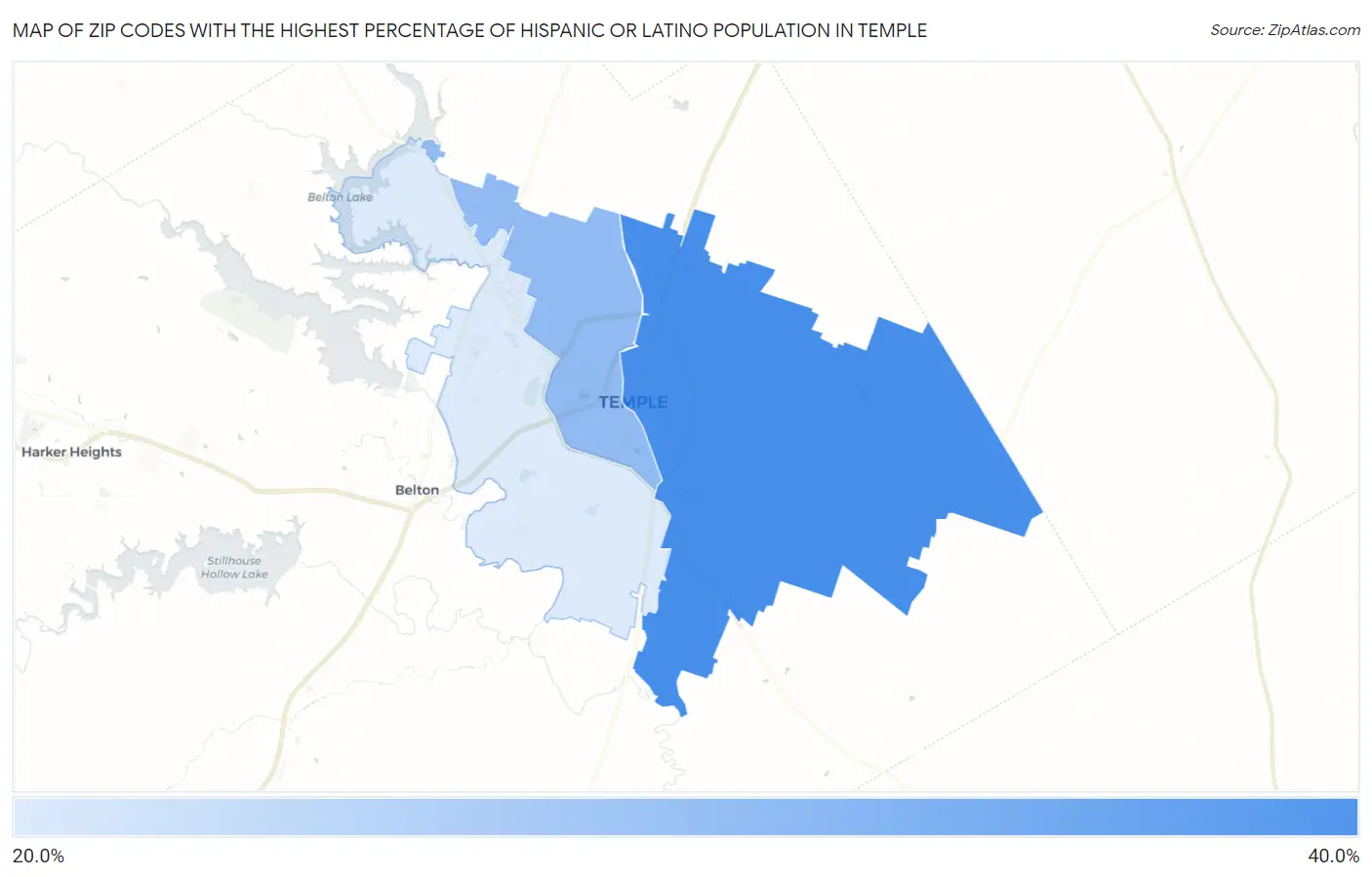 Zip Codes with the Highest Percentage of Hispanic or Latino Population in Temple Map