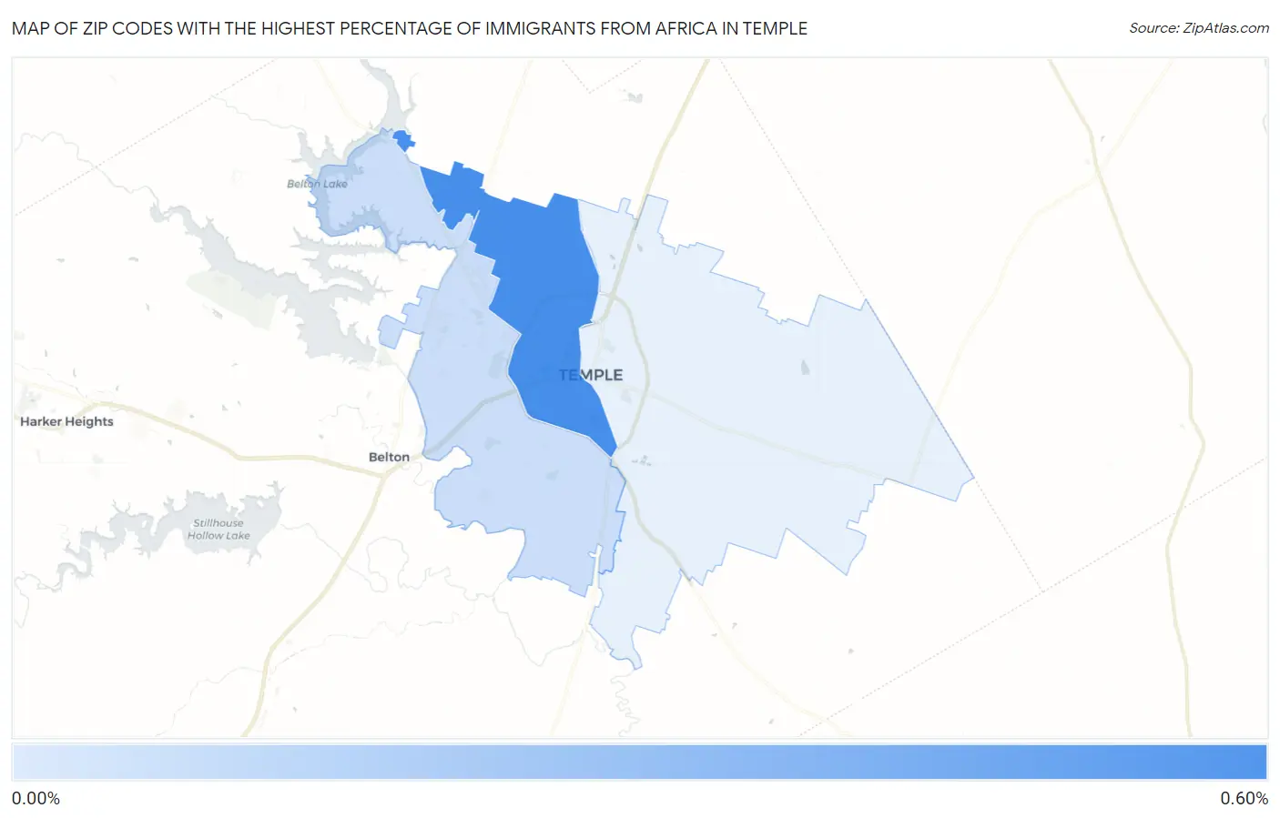 Zip Codes with the Highest Percentage of Immigrants from Africa in Temple Map