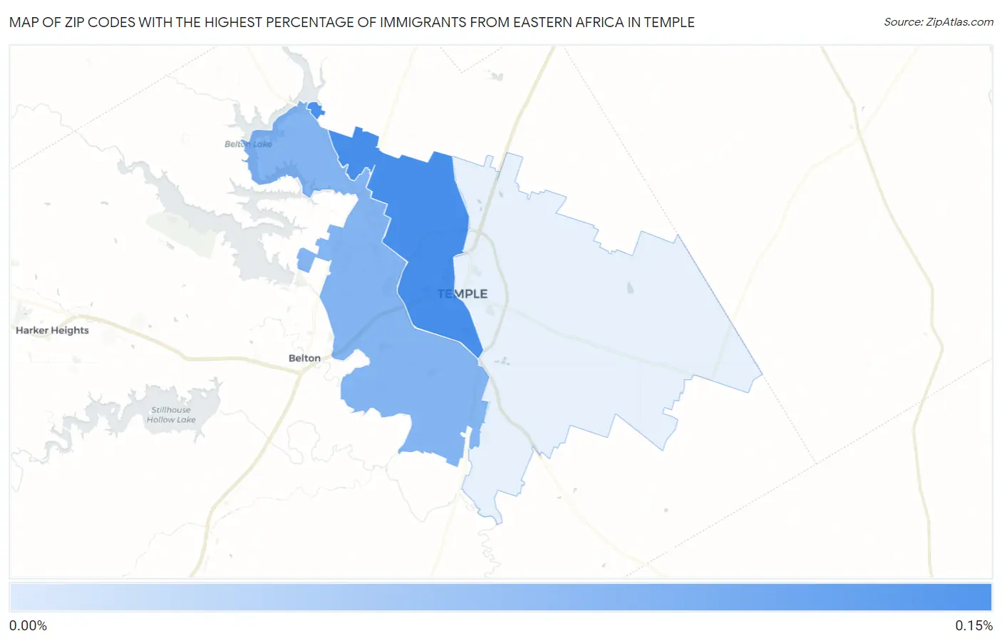 Zip Codes with the Highest Percentage of Immigrants from Eastern Africa in Temple Map