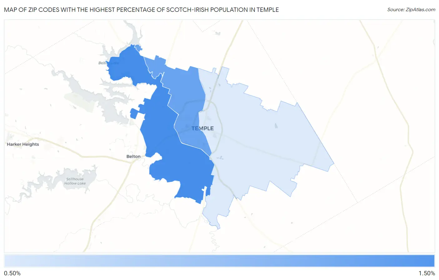 Zip Codes with the Highest Percentage of Scotch-Irish Population in Temple Map