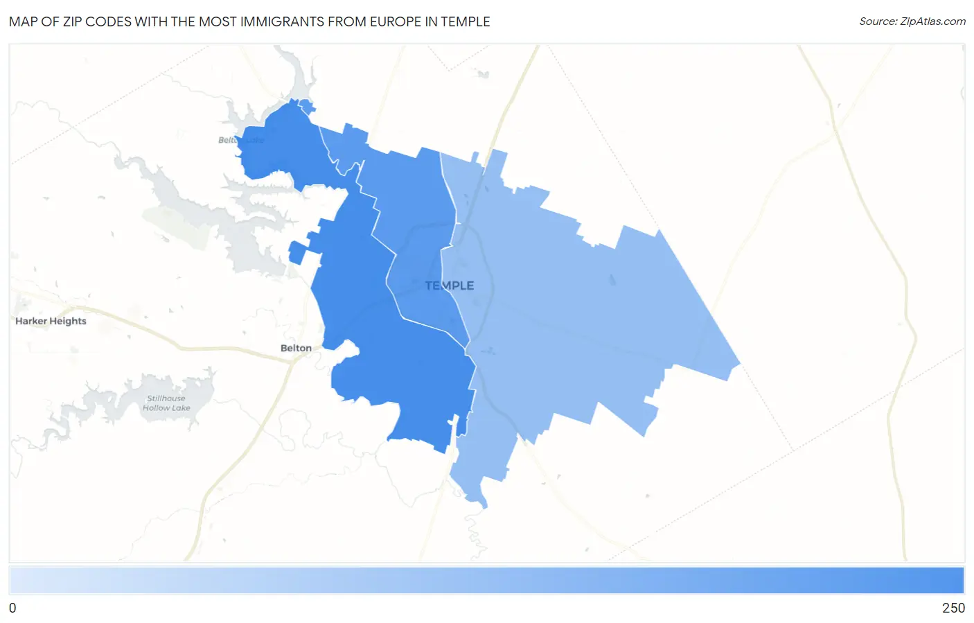 Zip Codes with the Most Immigrants from Europe in Temple Map